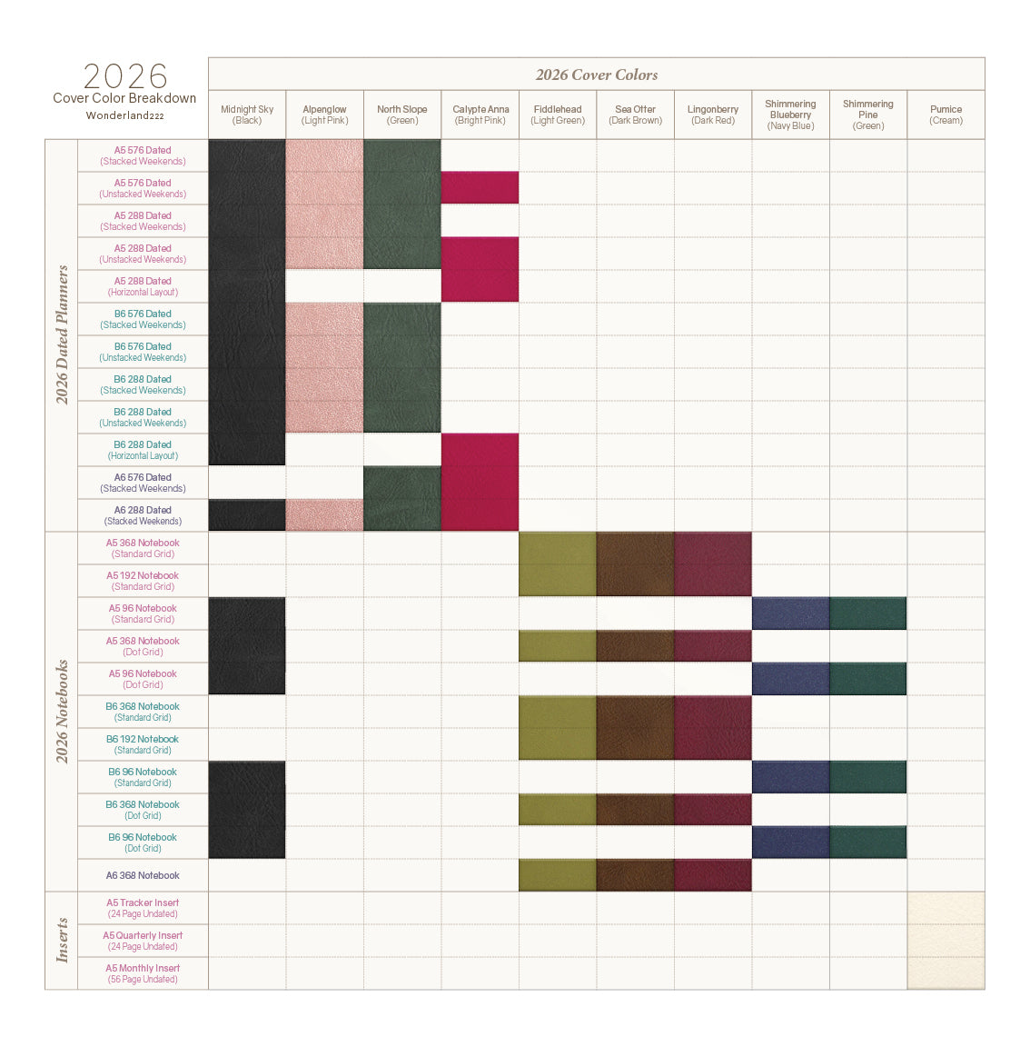 Cover Color Chart for 2026 Wonderland 222 Planners and Notebooks