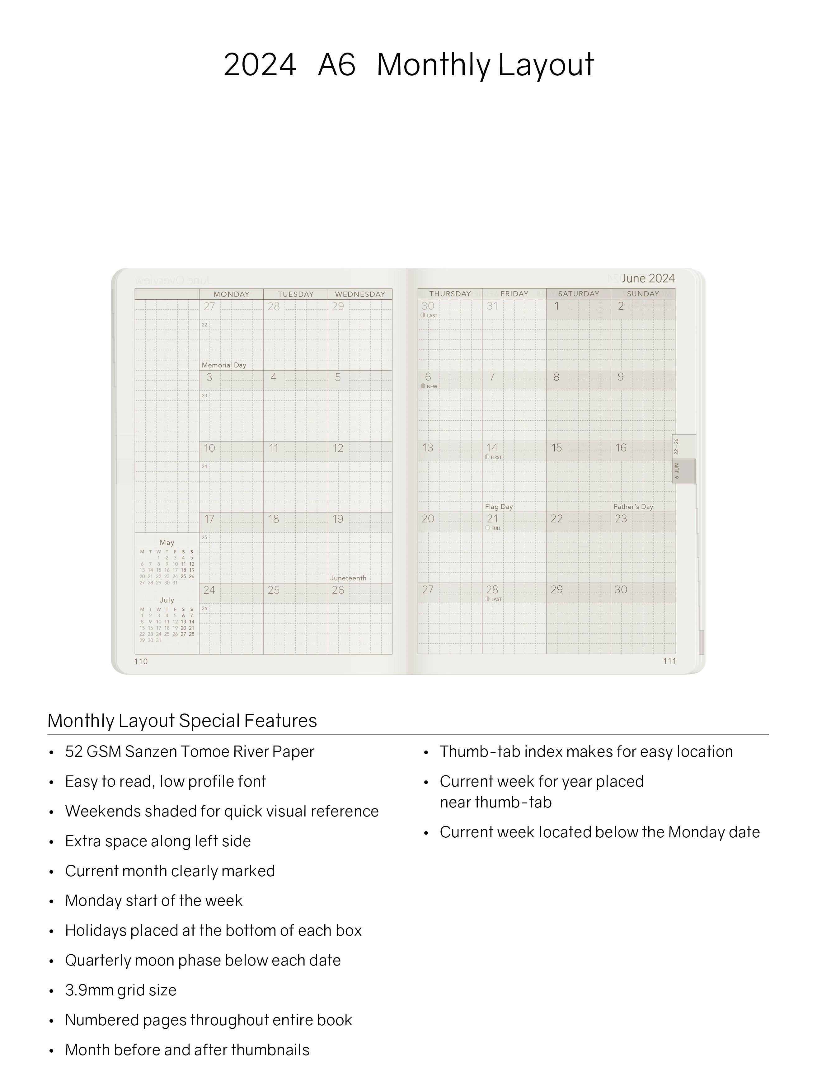 2024 A6 Weekly Planner | 52gsm Tomoe River Paper | Core | Stacked Weekends