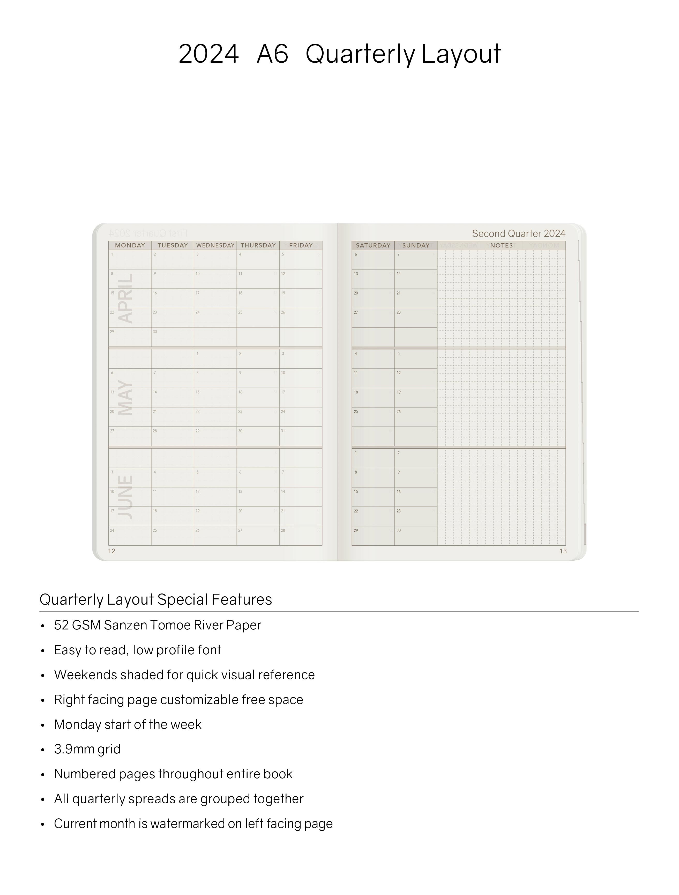 2024 A6 Weekly Planner | 52gsm Tomoe River Paper | Core | Stacked Weekends