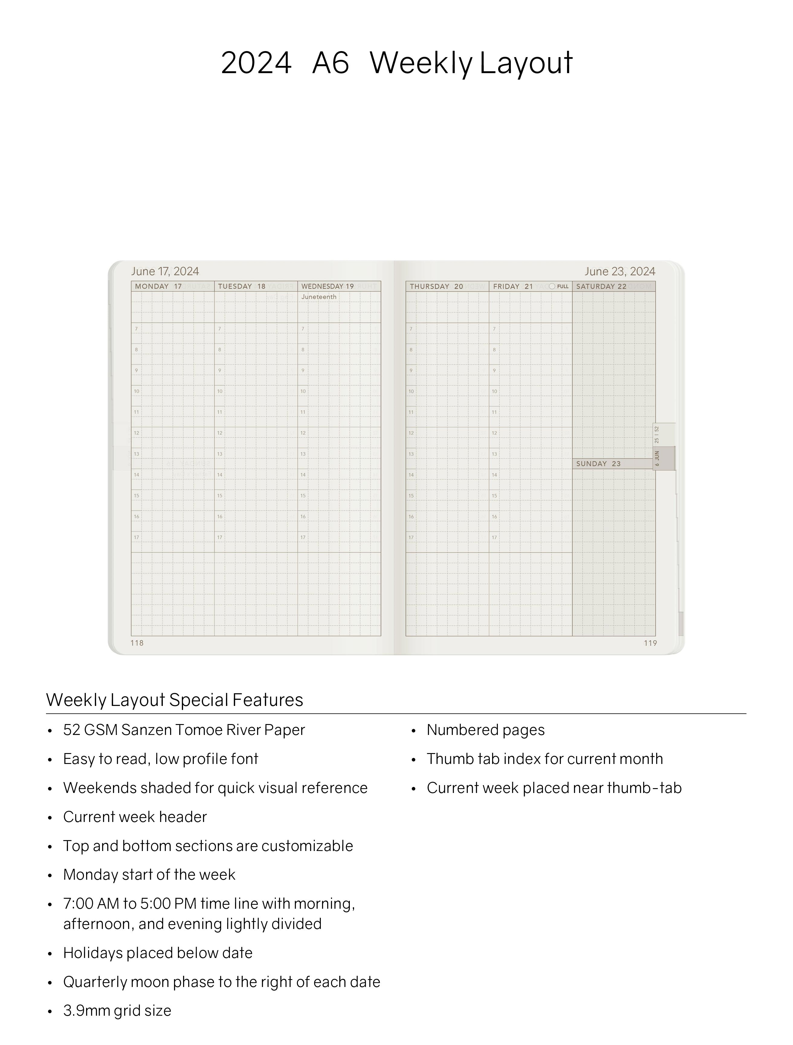 2024 A6 Weekly Planner | 52gsm Tomoe River Paper | Core | Stacked Weekends