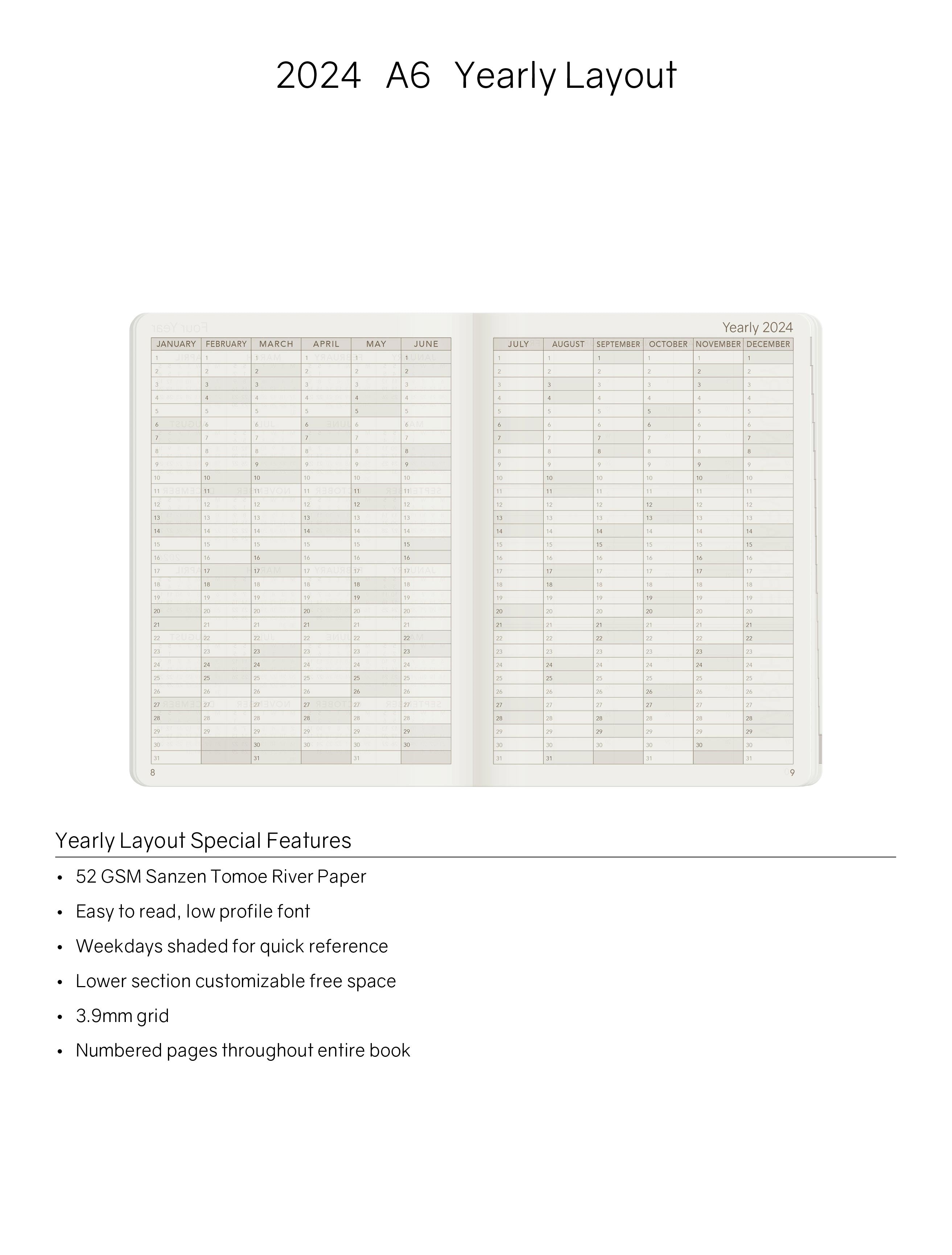 2024 A6 Weekly Planner | 52gsm Tomoe River Paper | Core | Stacked Weekends