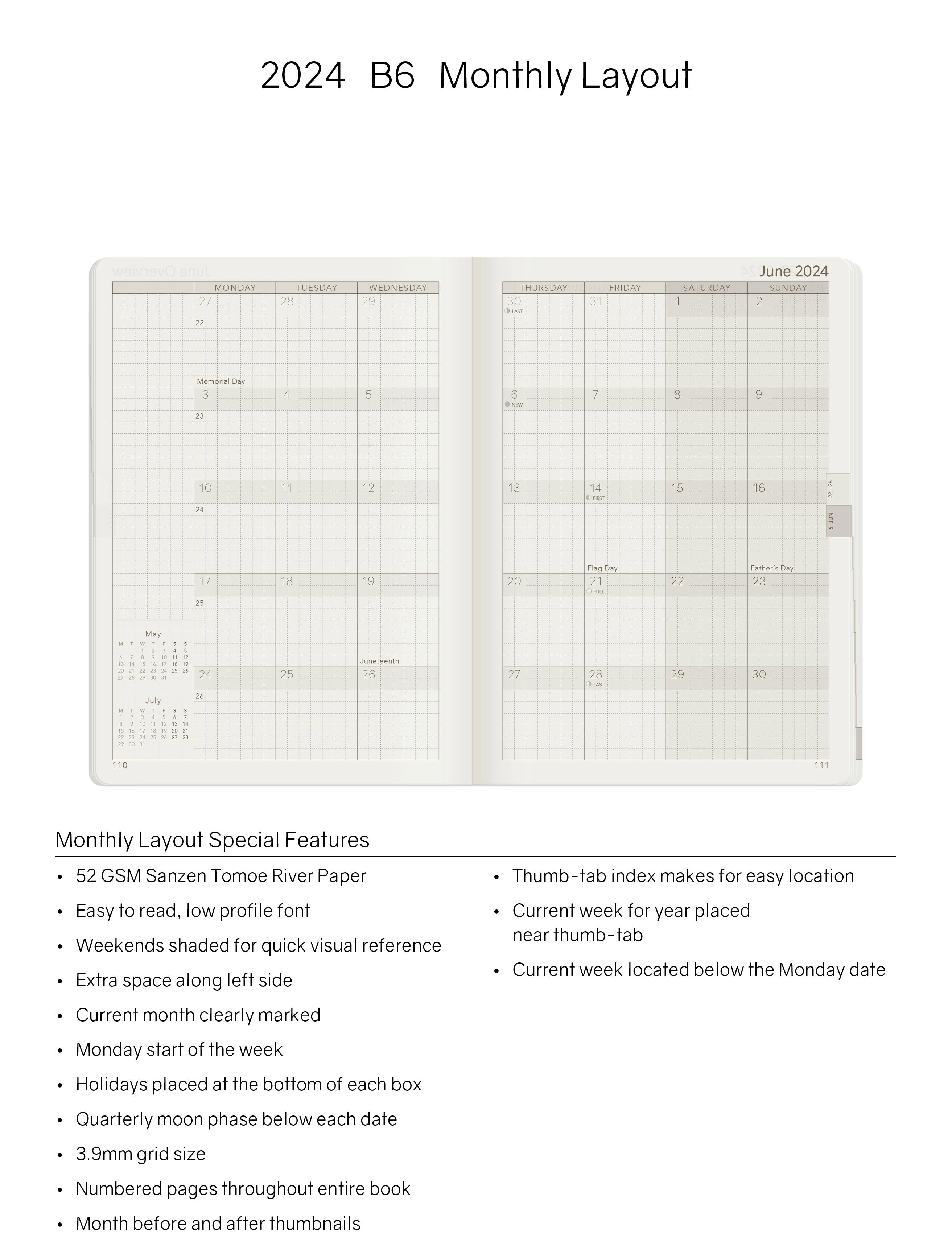 2024 B6 Weekly Planner | 52gsm Tomoe River Paper | Core | Stacked Weekends