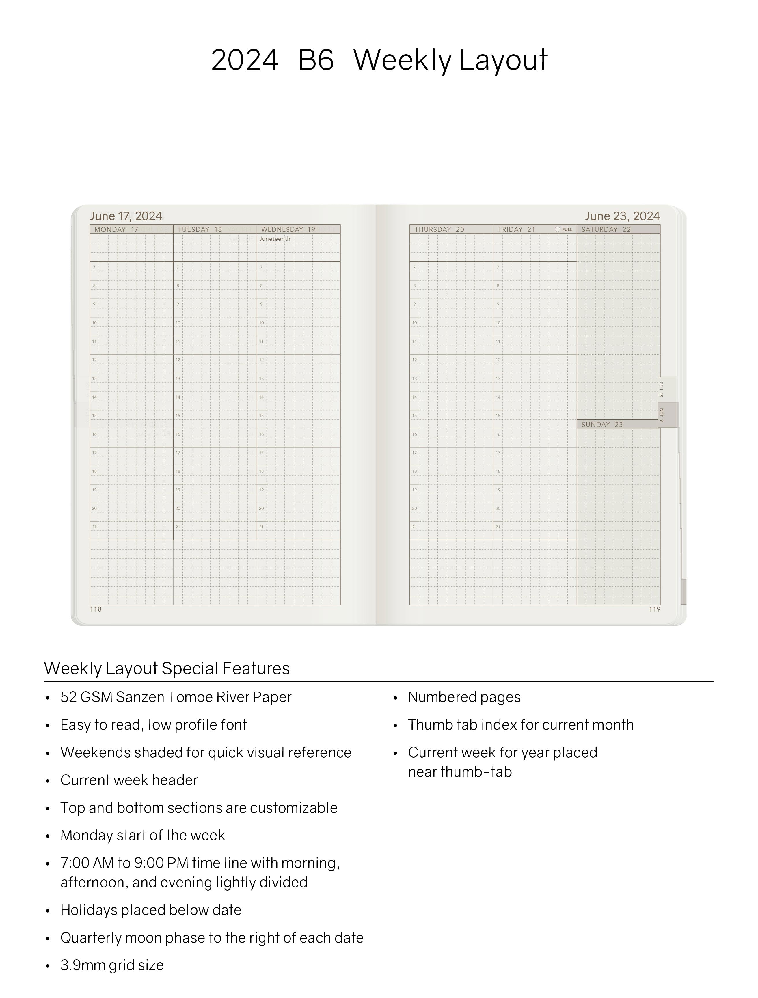 2024 B6 Weekly Planner | 52gsm Tomoe River Paper | Core | Stacked Weekends