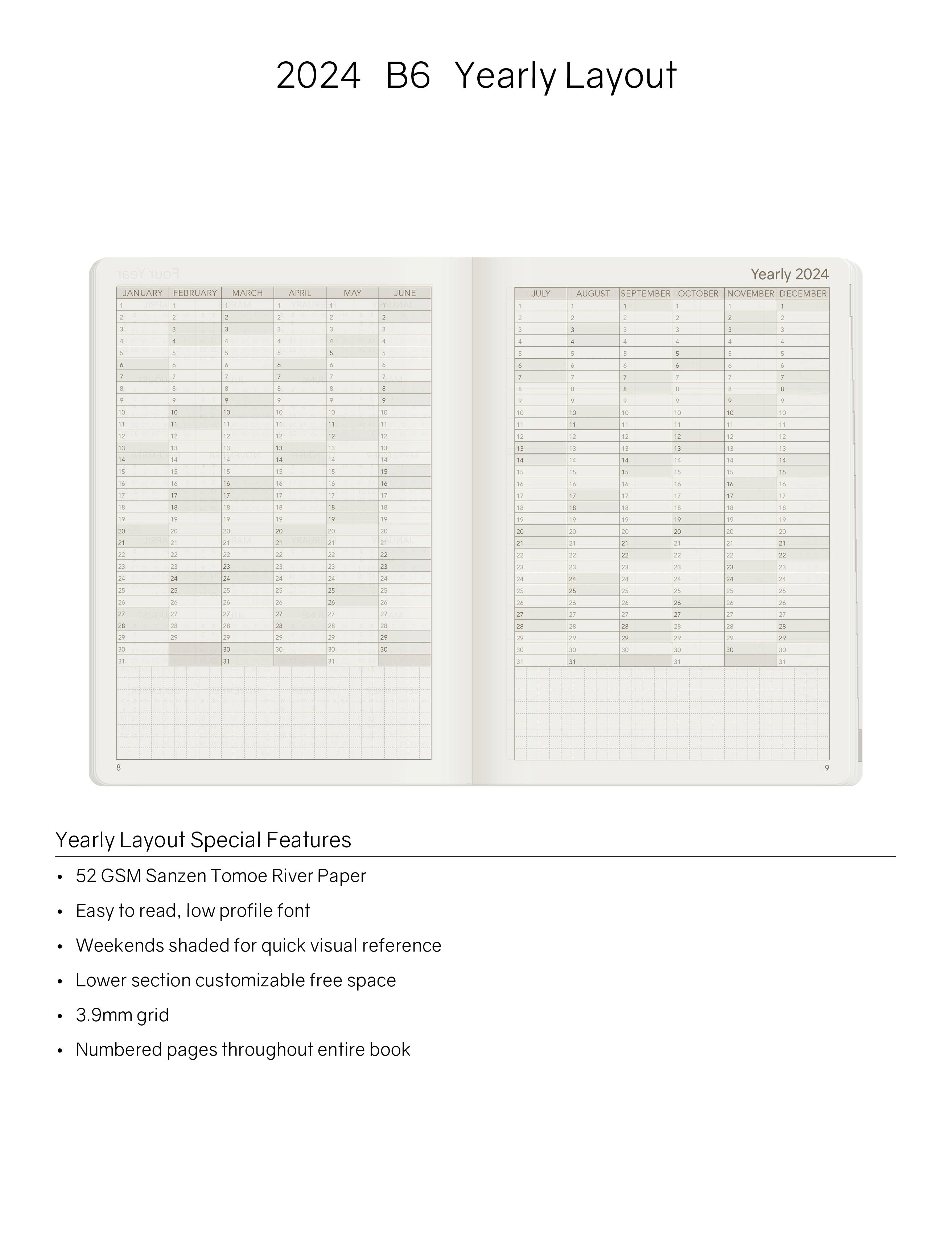 2024 B6 Weekly Planner | 52gsm Tomoe River Paper | Core | Stacked Weekends