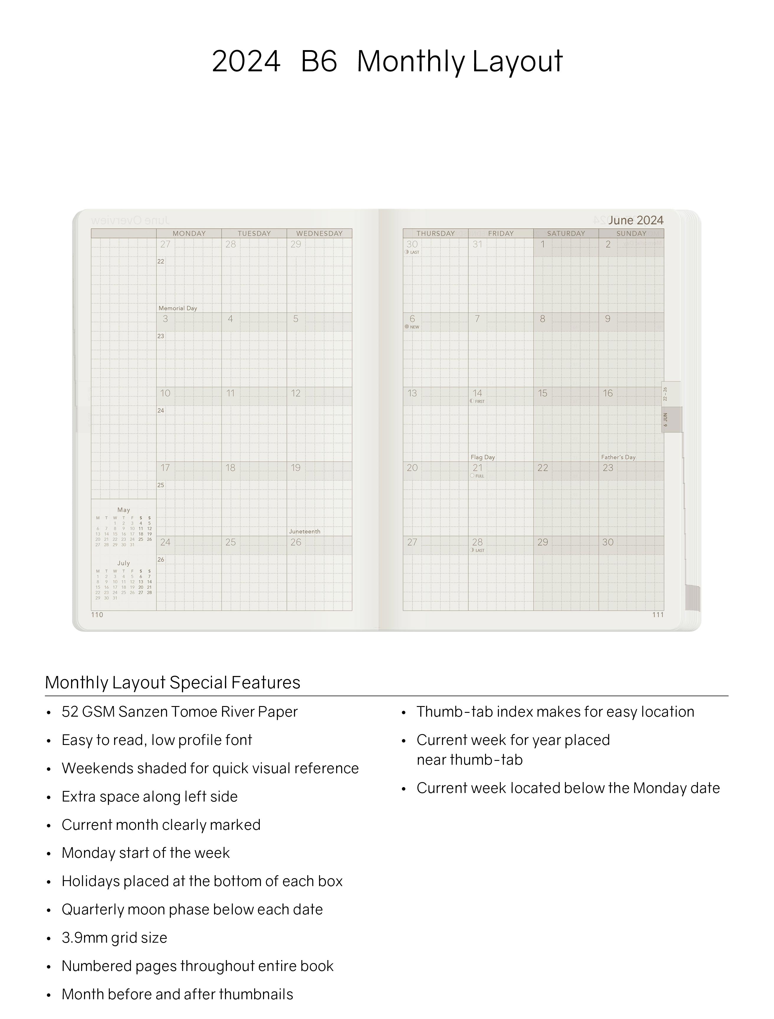 2024 B6 Weekly Planner | 52gsm Tomoe River Paper | All-in-One | Stacked Weekends