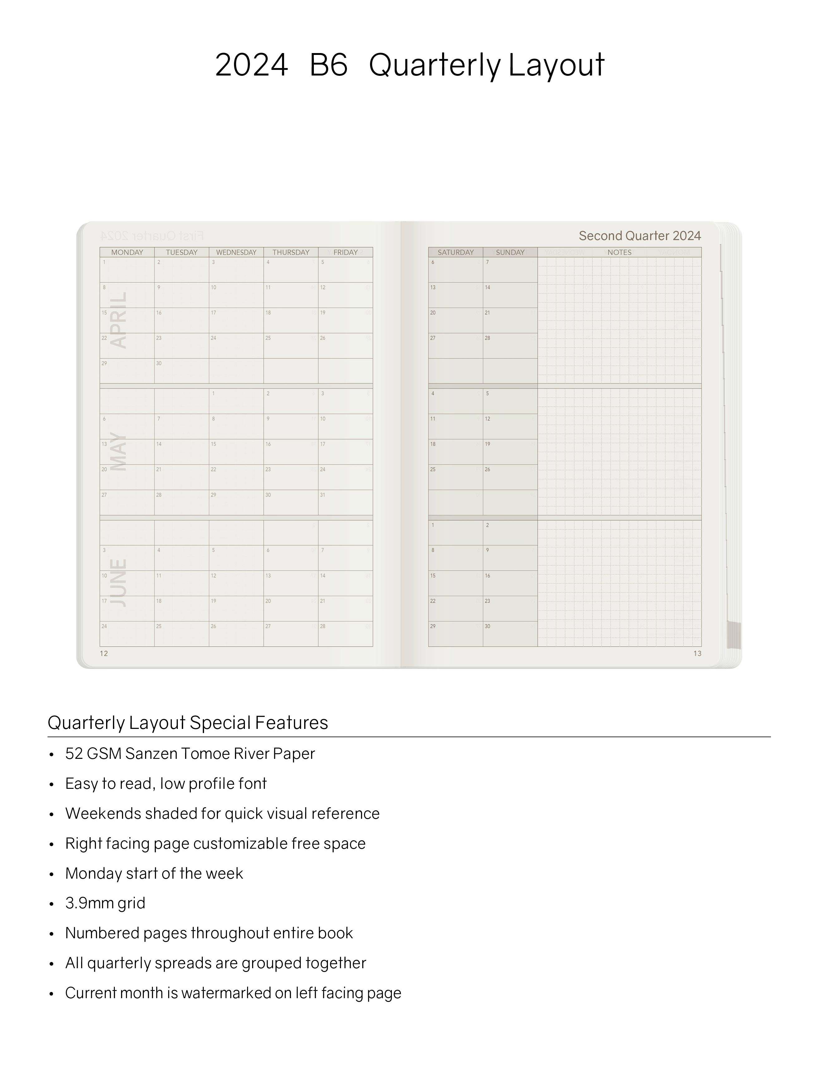 2024 B6 Weekly Planner | 52gsm Tomoe River Paper | All-in-One | Stacked Weekends