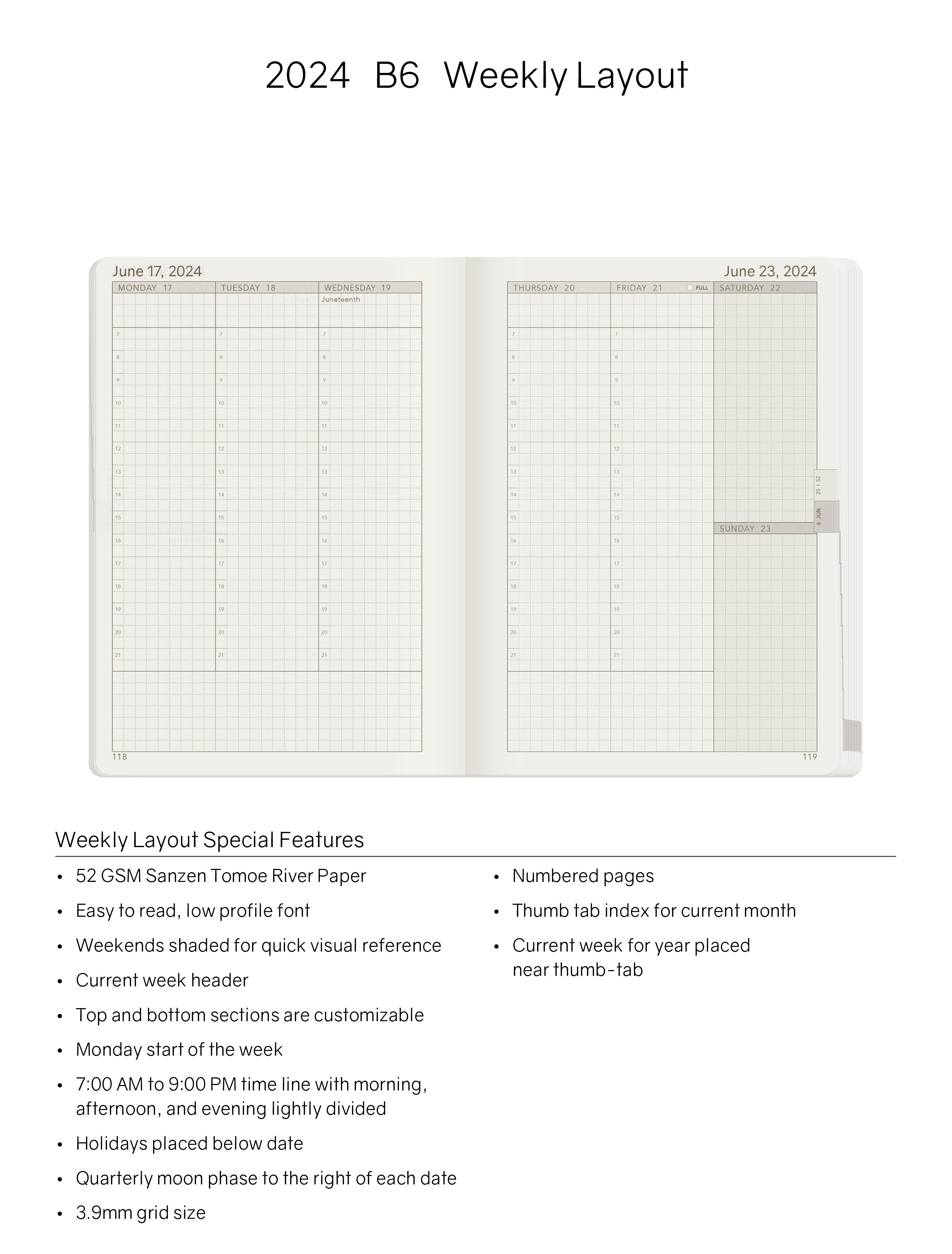 2024 B6 Weekly Planner | 52gsm Tomoe River Paper | All-in-One | Stacked Weekends