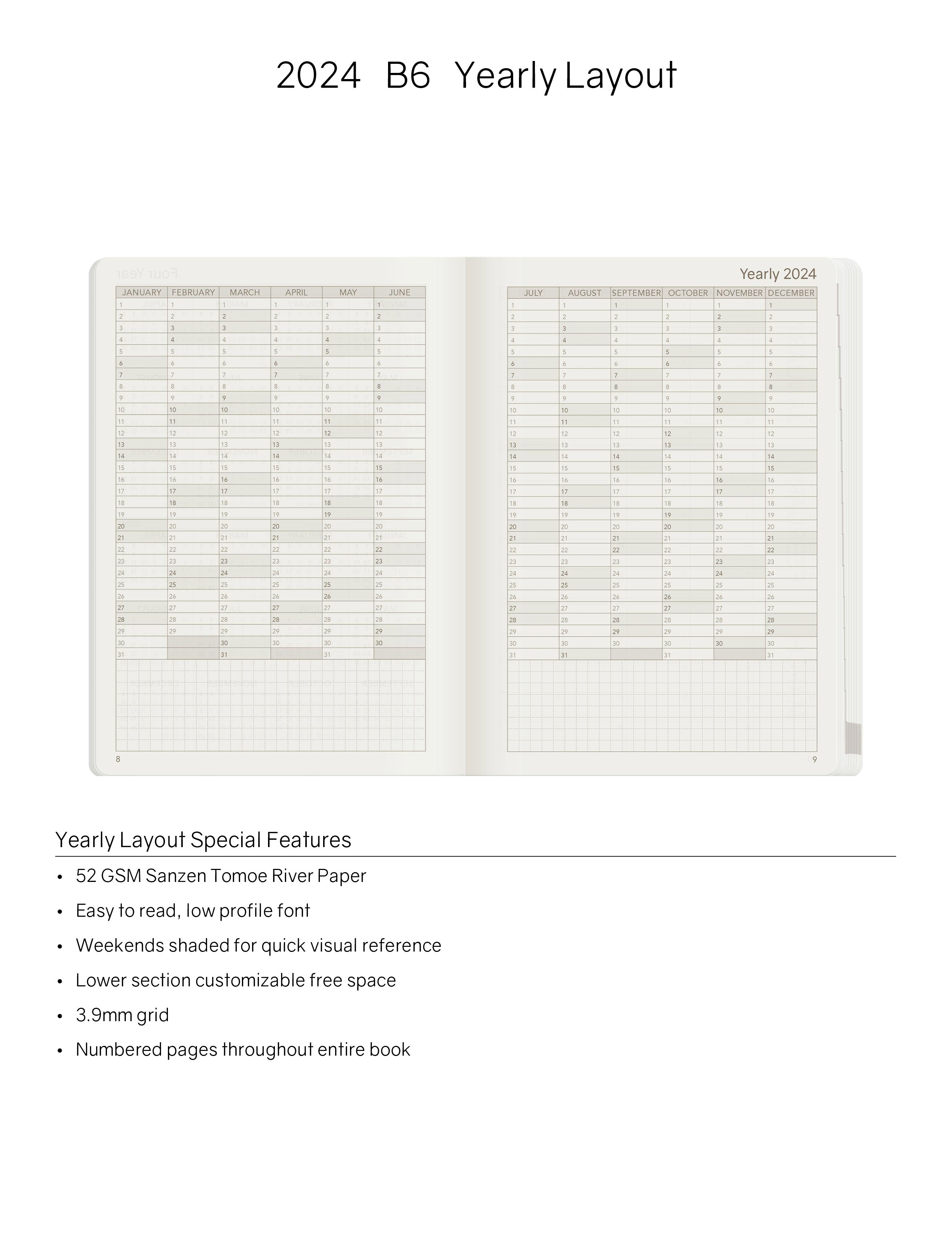 2024 B6 Weekly Planner | 52gsm Tomoe River Paper | All-in-One | Stacked Weekends