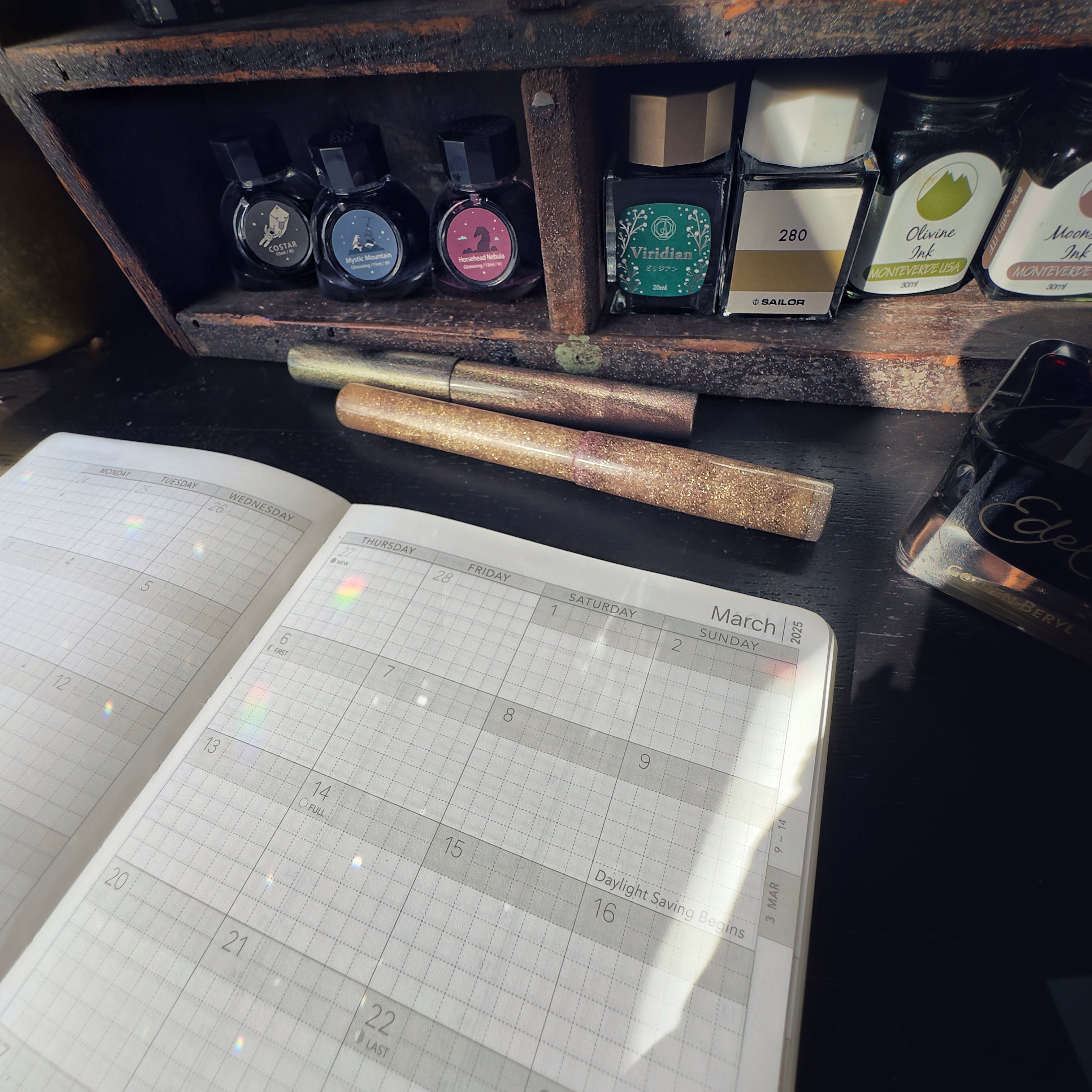 An open Wonderland 222 weekly vertical planner showing the monthly view.  Tomoe River paper by Tomoegawa.  Sparkly fountain pens and fountain pen inks in background.