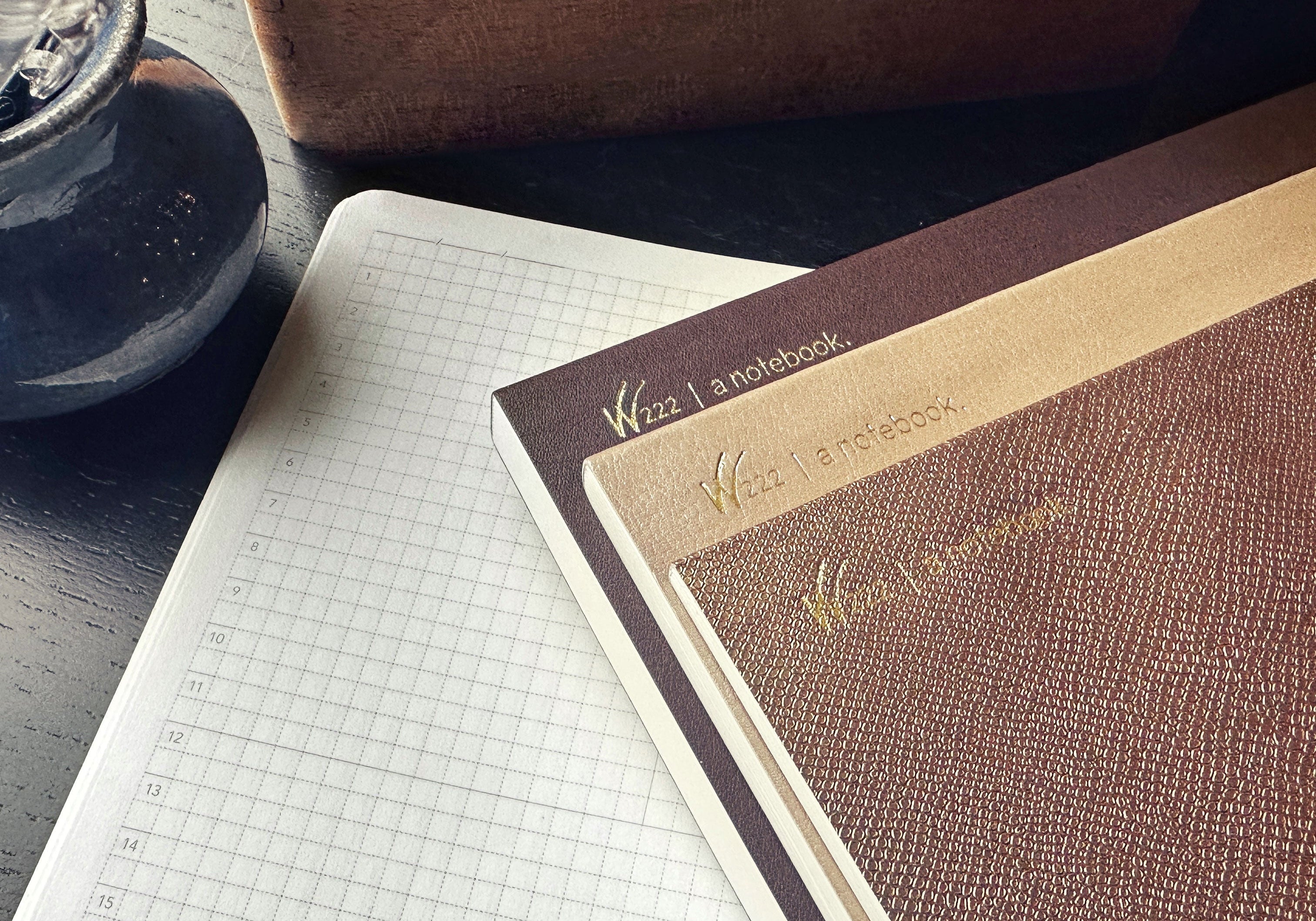 wonderland 222 tomoe river paper notebooks in bronze, gold shimmer and chocolate brown