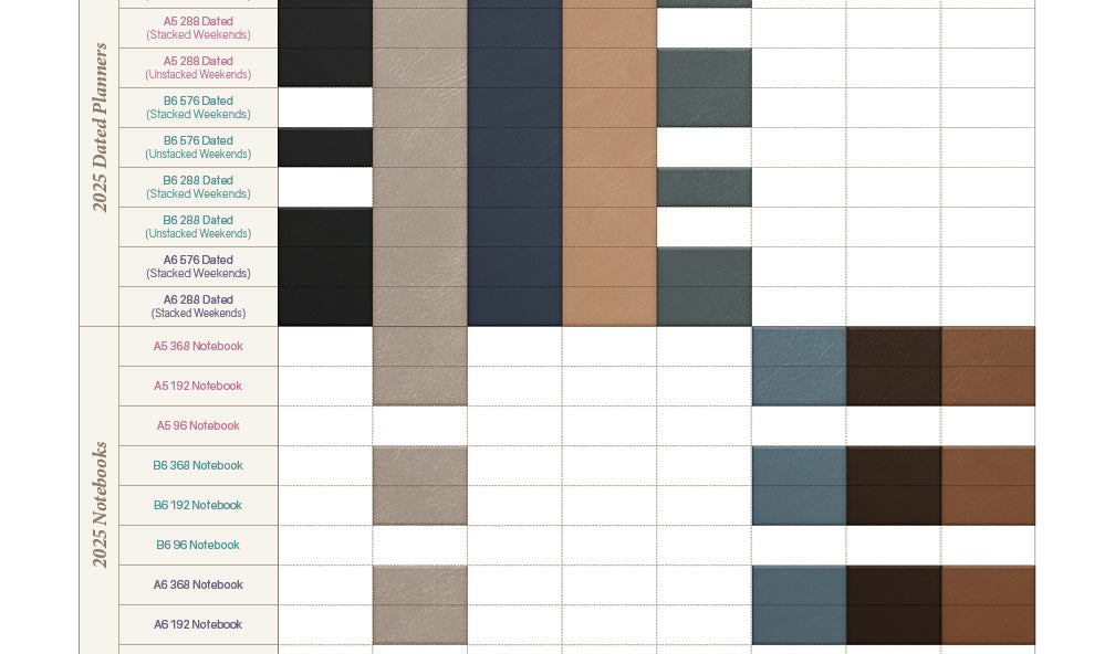 2025 Planner & Notebook Cover Color Availability Chart