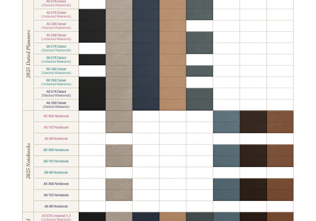 2025 Planner & Notebook Cover Color Availability Chart