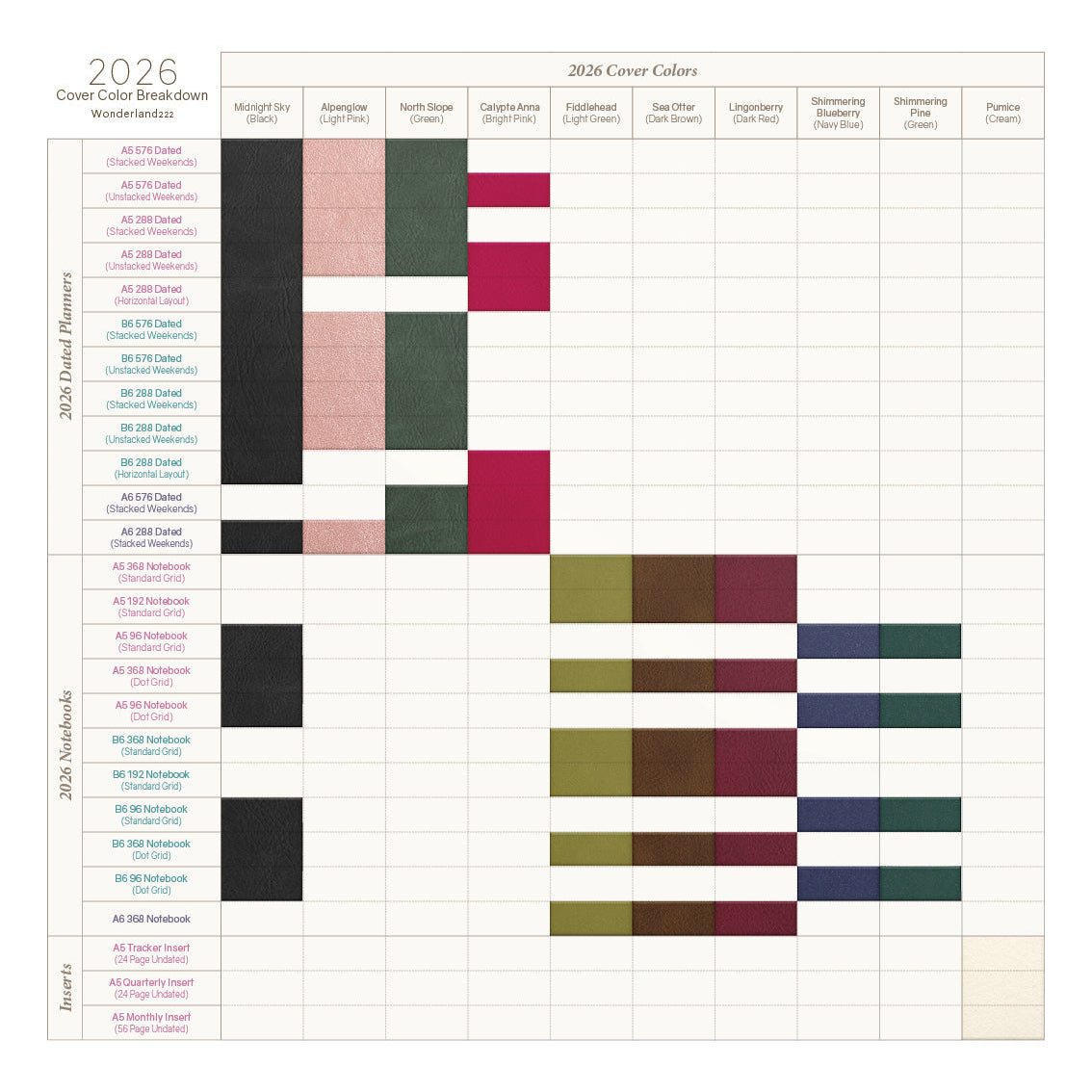 Cover Color Chart for 2026 Wonderland 222 Planners and Notebooks