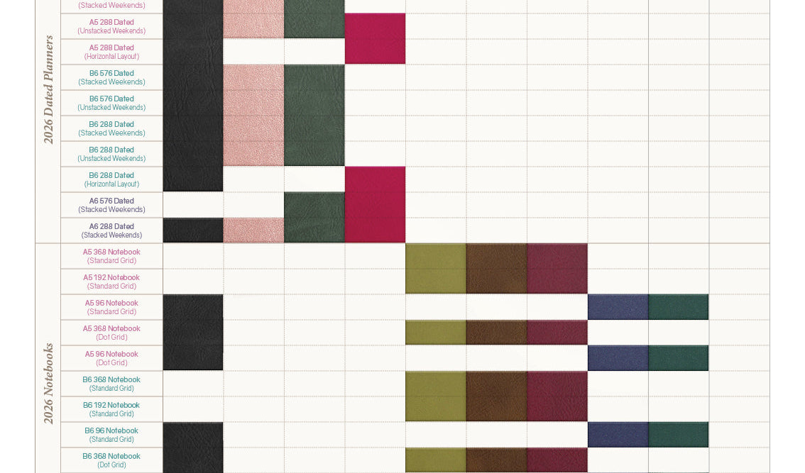 Cover Color Chart for 2026 Wonderland 222 Planners and Notebooks