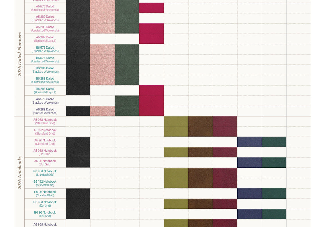 Cover Color Chart for 2026 Wonderland 222 Planners and Notebooks