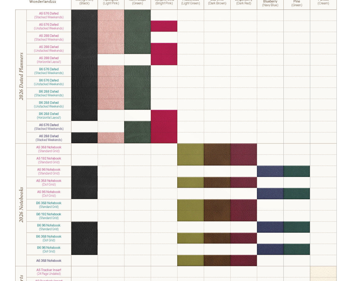 Cover Color Chart for 2026 Wonderland 222 Planners and Notebooks