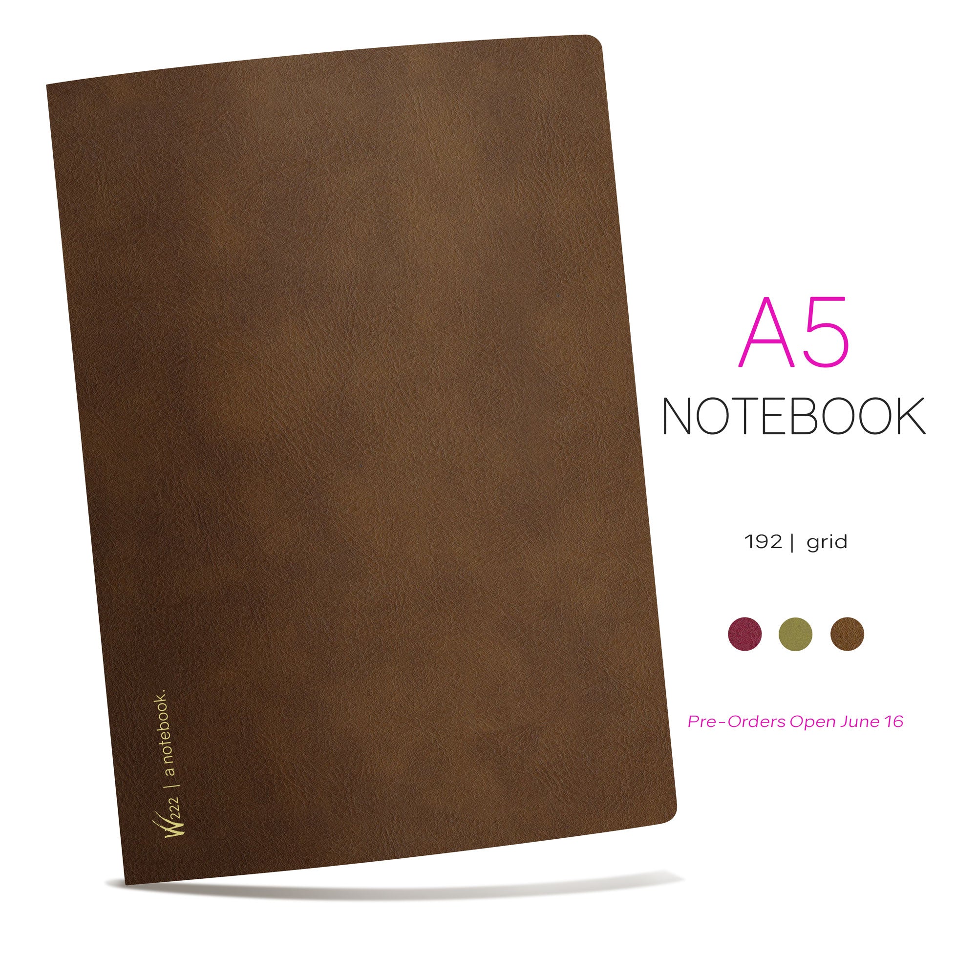 Wonderland 222 A5 notebook with 192 grid pages. colors include lingonberry red, Fiddlehead green and Sea Otter brown