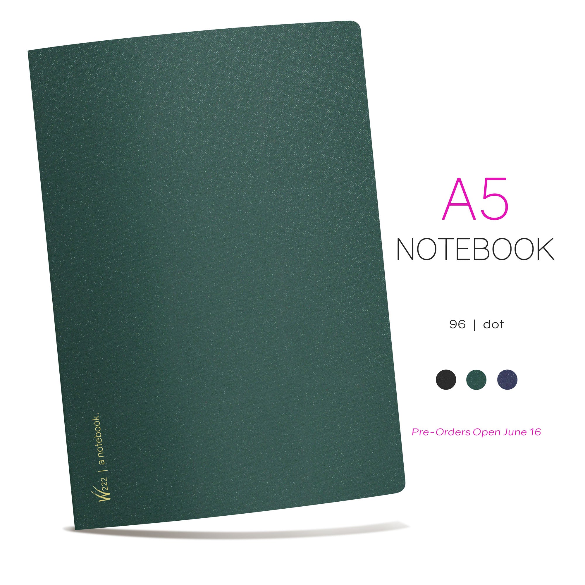 Wonderland 222 2026 A5 96-page dot notebooks in midnight sky black, shimmering pine green and shimmering blueberry blue.