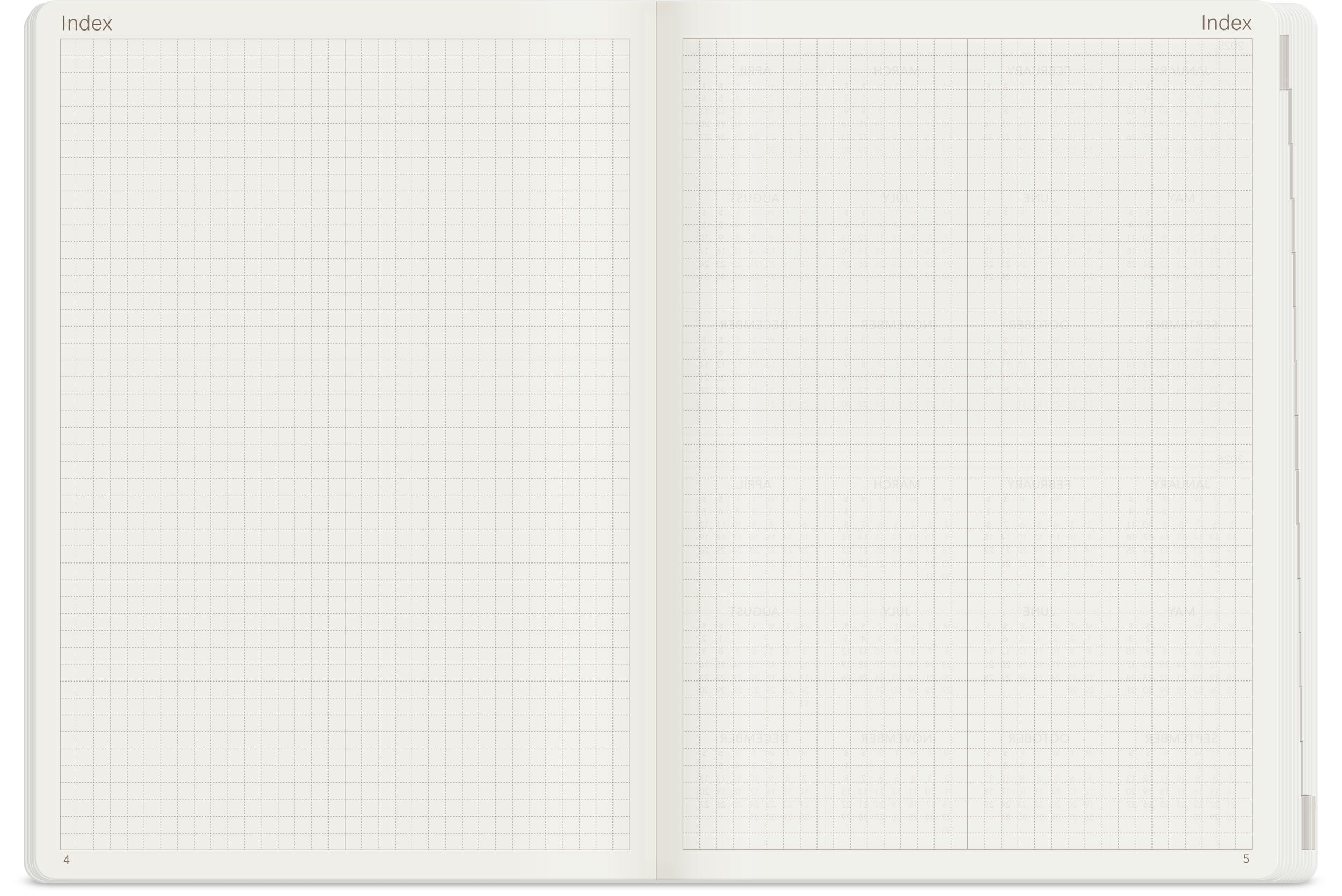 Wonderland 222 2026 A5 planner index and Index pages featuring full-page dot grid layout on warm white paper, minimalist design with ample space for organization and fountain pen friendly writing.