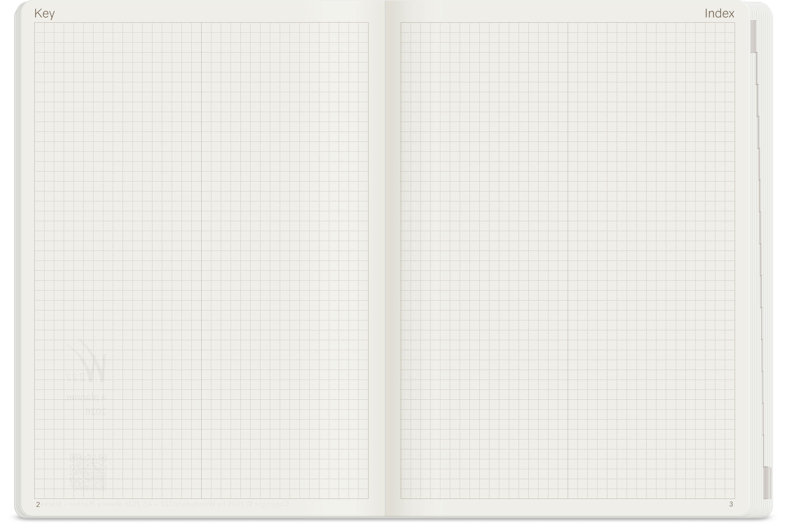 Wonderland 222 2026 A5 planner Key and Index pages featuring full-page dot grid layout on warm white paper, minimalist design with ample space for organization and fountain pen friendly writing.