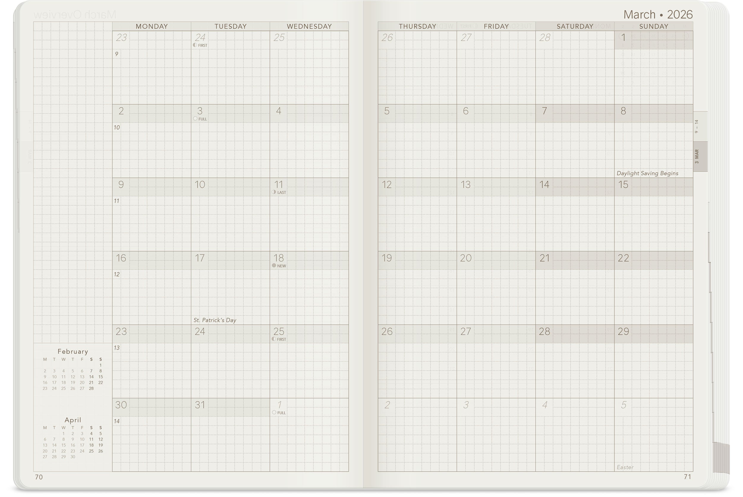 Wonderland 222 A5 planner open to a month overview page using wonderland 222 ultra thin ultra light weight paper