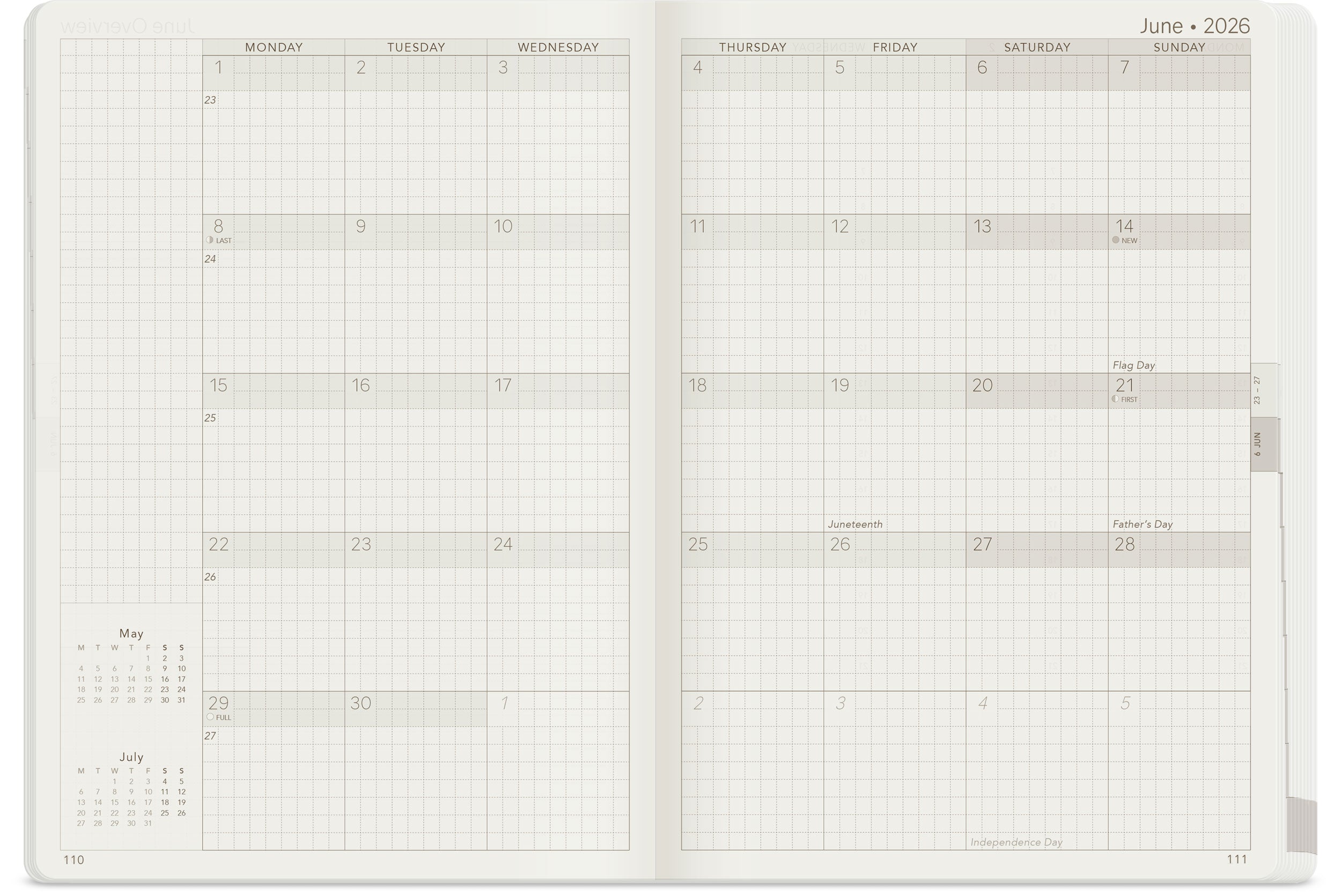 Wonderland 222 A5 planner open to a month overview page using wonderland 222 ultra thin ultra light weight paper