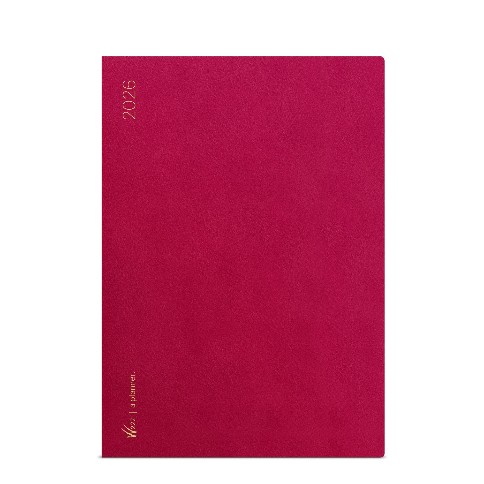 Wonderland 222 2026 A5 planner cover in Calypte Anna pink with gold foil lettering and textured vegan leather style finish.