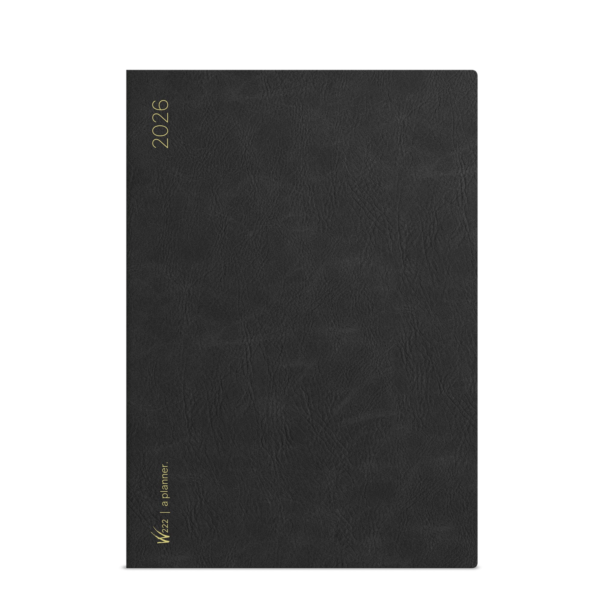 Wonderland 222 2026 A5 planner cover in Midnight Sky black with gold foil lettering and textured vegan leather style finish.