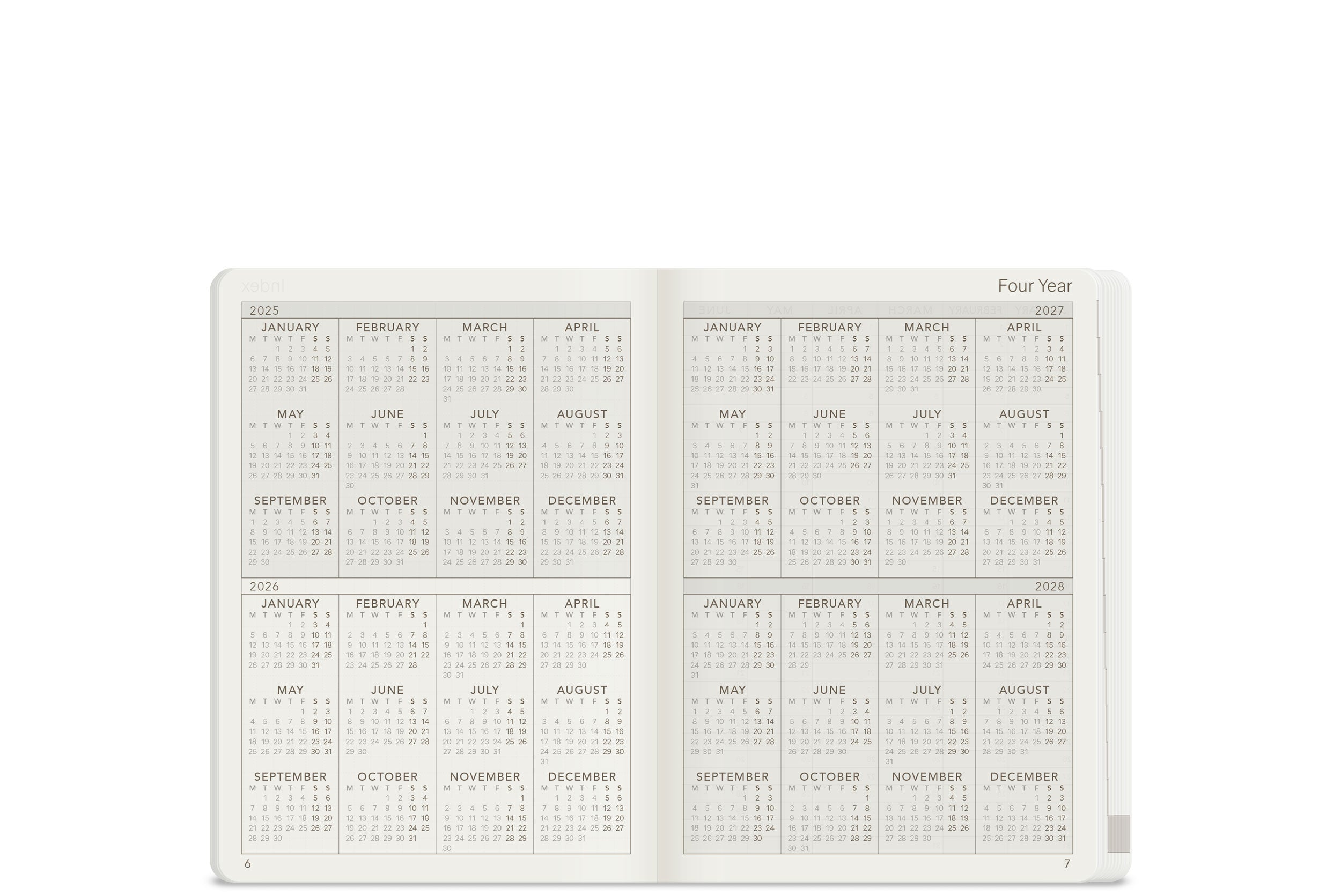 Wonderland 222 A6 four year overview planner spread 2025 to 2028 on white paper, minimalist compact yearly calendar layout, ultra thin lightweight fountain pen friendly paper
