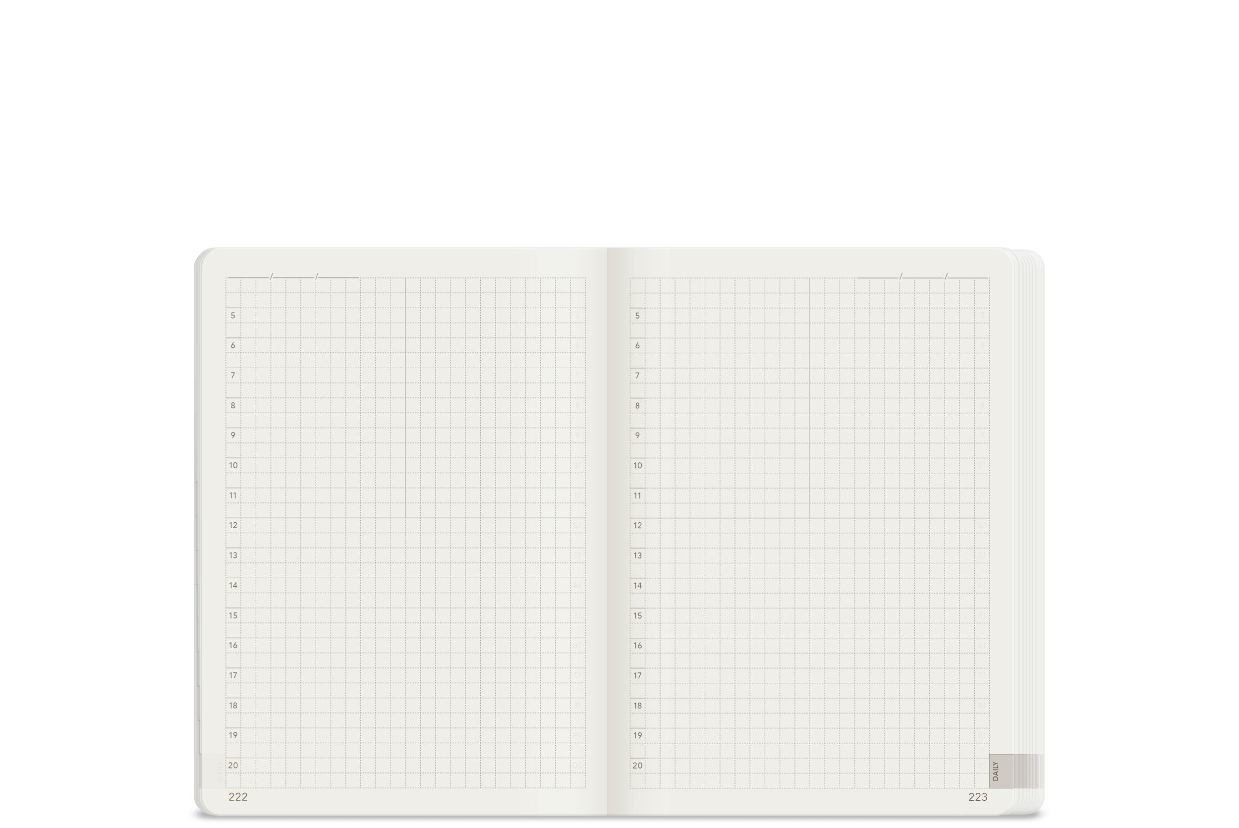 Wonderland 222 2026 A6 planner daily spread with dot grid layout on white paper, minimalist structured planning system, ultra thin lightweight pages, fountain pen friendly.