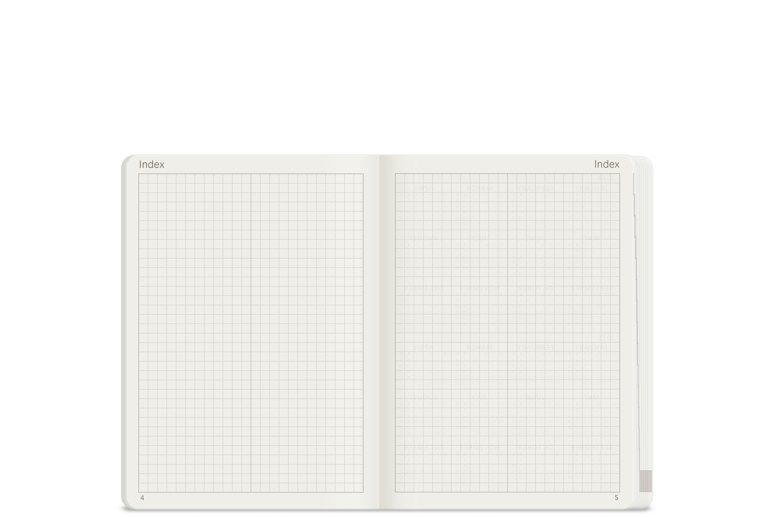 Wonderland 222 2026 A6 planner Index spread with dot grid layout on white paper, minimalist structured planning system, ultra thin lightweight pages, fountain pen friendly.