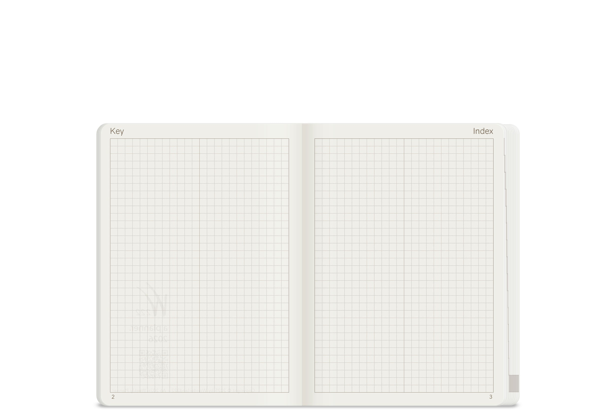 Wonderland 222 2026 A6 planner Key and Index spread with dot grid layout on white paper, minimalist structured planning system, ultra thin lightweight pages, fountain pen friendly.