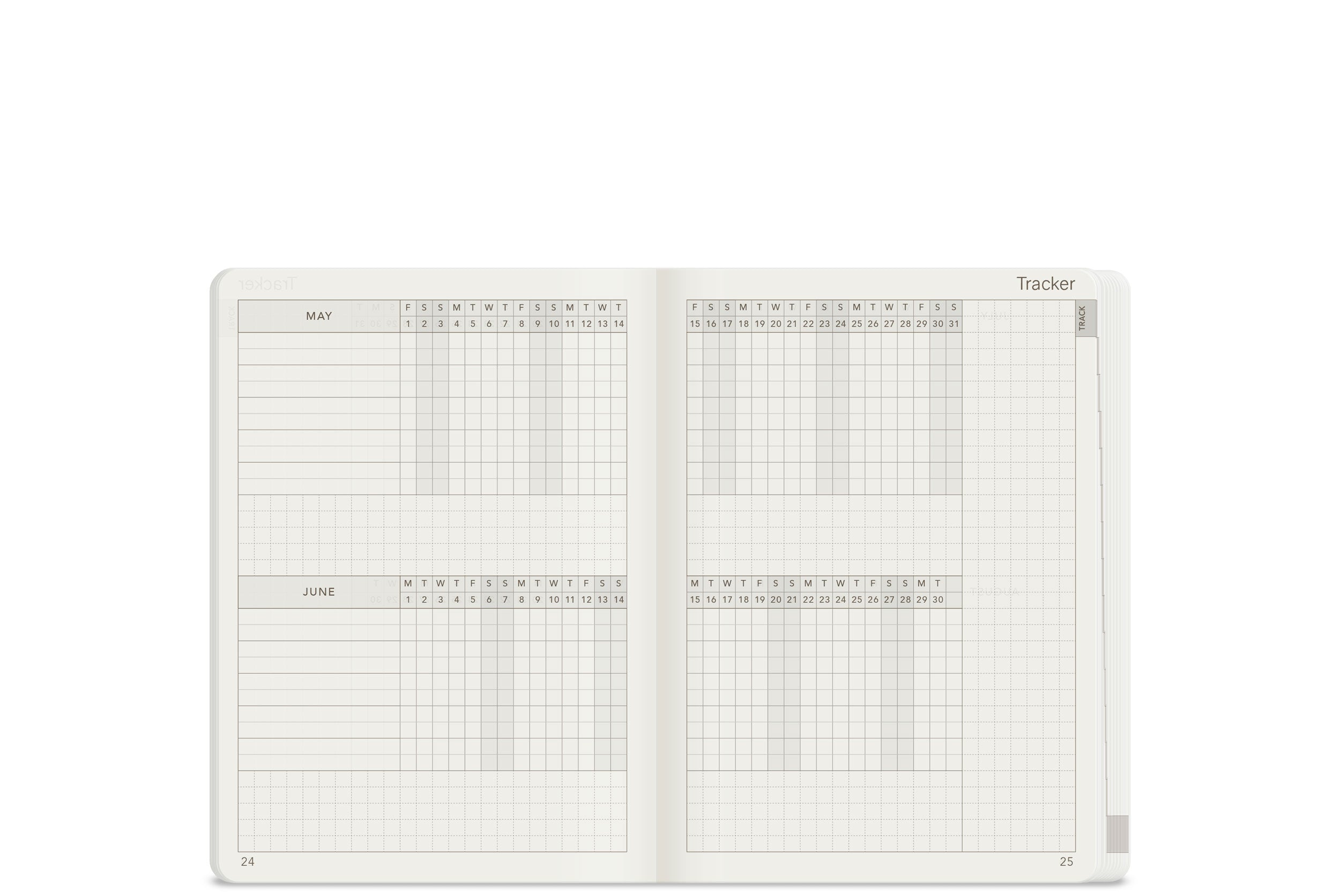 Wonderland 222 2026 A6 planner monthly tracker layout, minimalist habit tracker grid spread on fountain pen friendly white paper