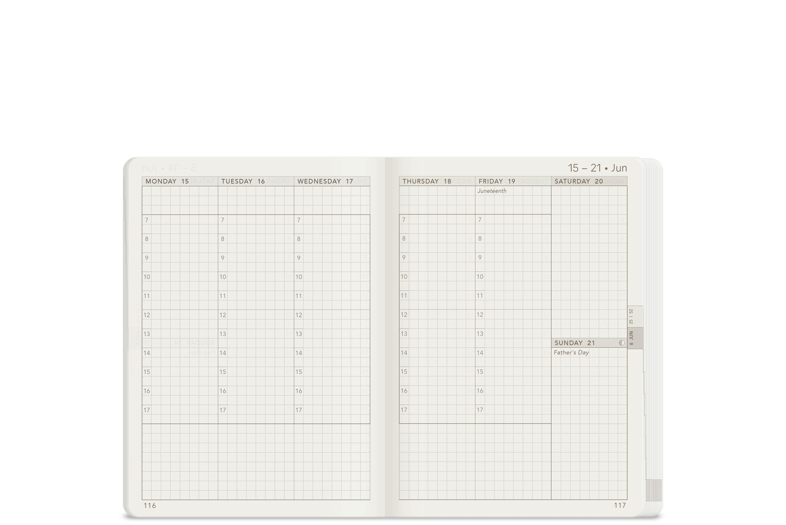 Wonderland 222 2026 A6 Weekly stacked planner spread with vertical daily columns, hourly schedule 7 to 21, top priorities section, mini calendar, and minimalist grid layout on white fountain pen friendly paper