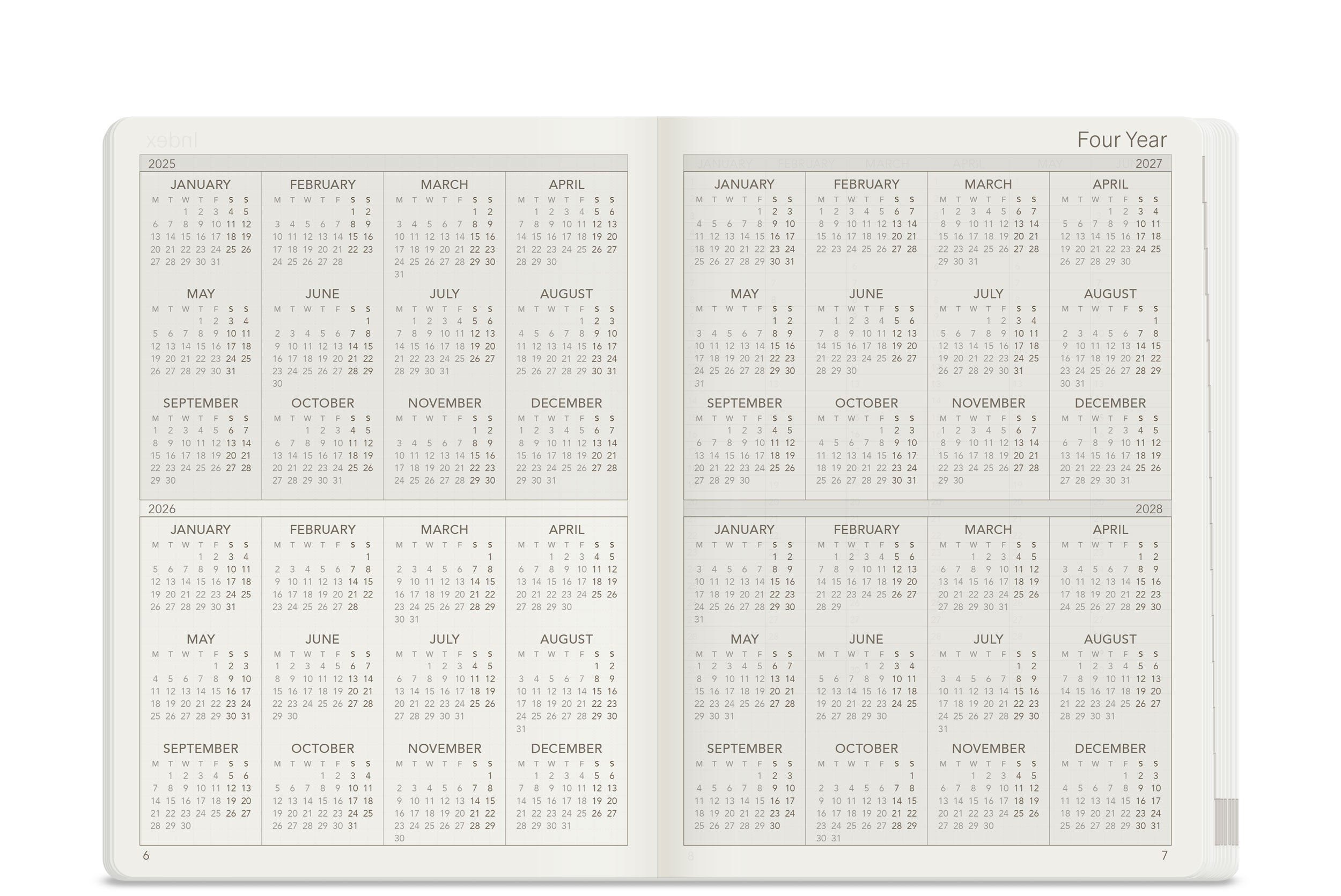 Wonderland 222 2026 B6 Four Year overview planner spread with 2025 to 2028 yearly calendars, minimalist design on white ultra lightweight fountain pen friendly paper.