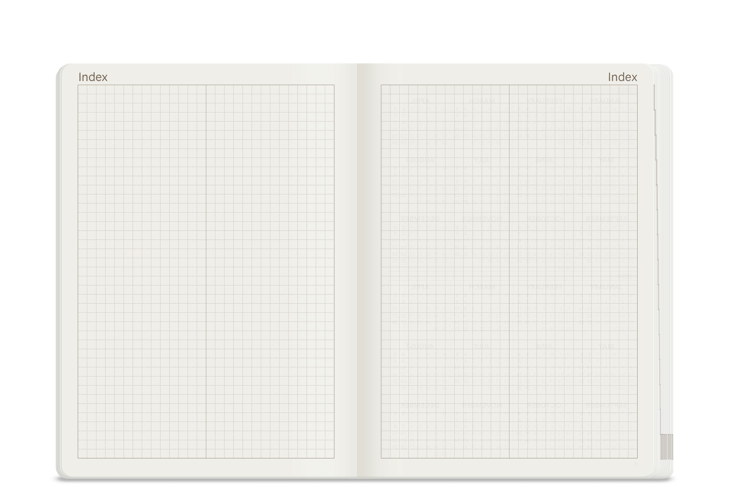 Wonderland 222 2026 B6 planner Index and Index spread with dot grid layout on white paper, minimalist structured planning system, ultra thin lightweight pages, fountain pen friendly.