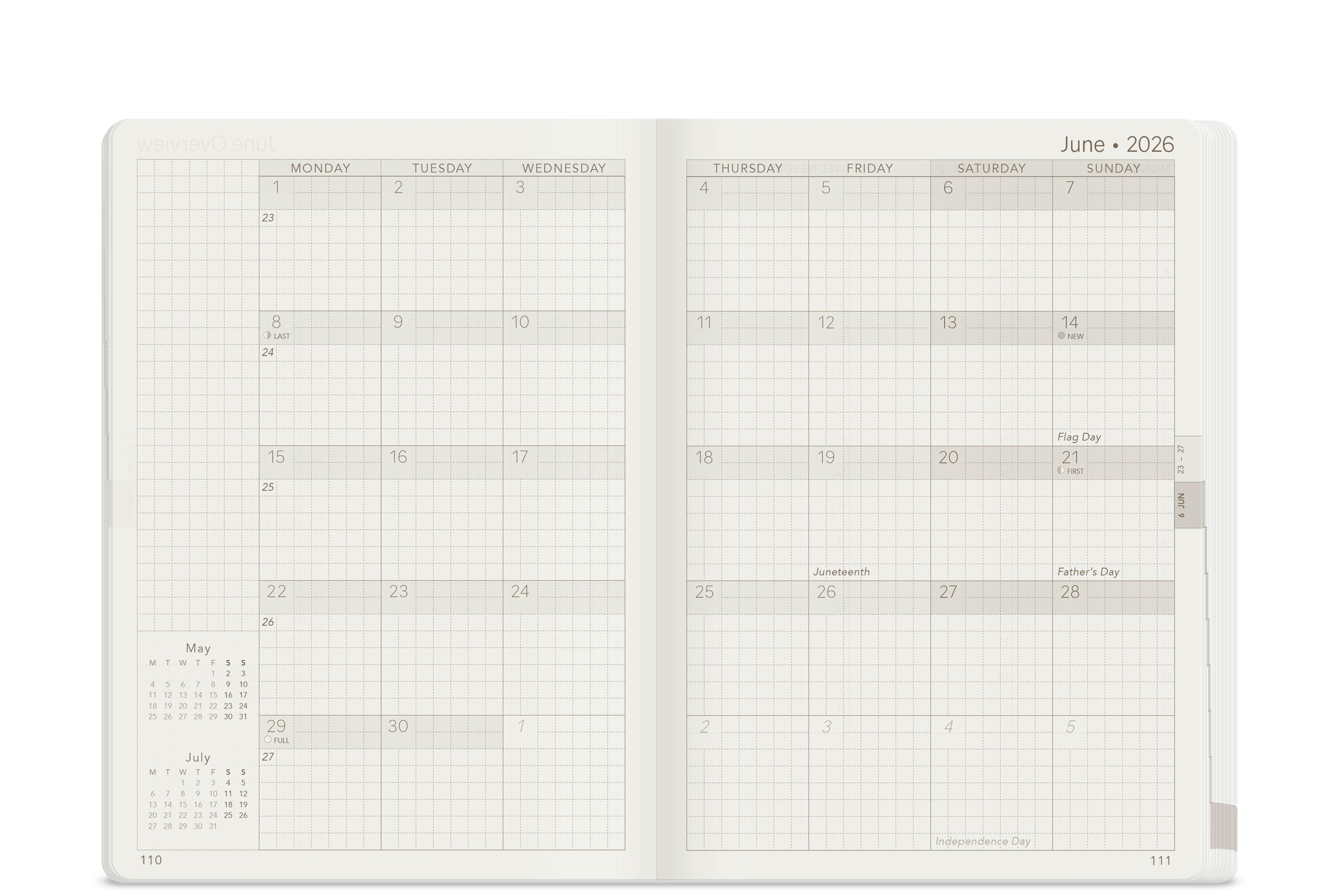 Wonderland 222 B6 2026 monthly planner layout showing June 2026 in a five week grid format with Monday start, subtle dot grid structure, and clean minimalist design on white paper