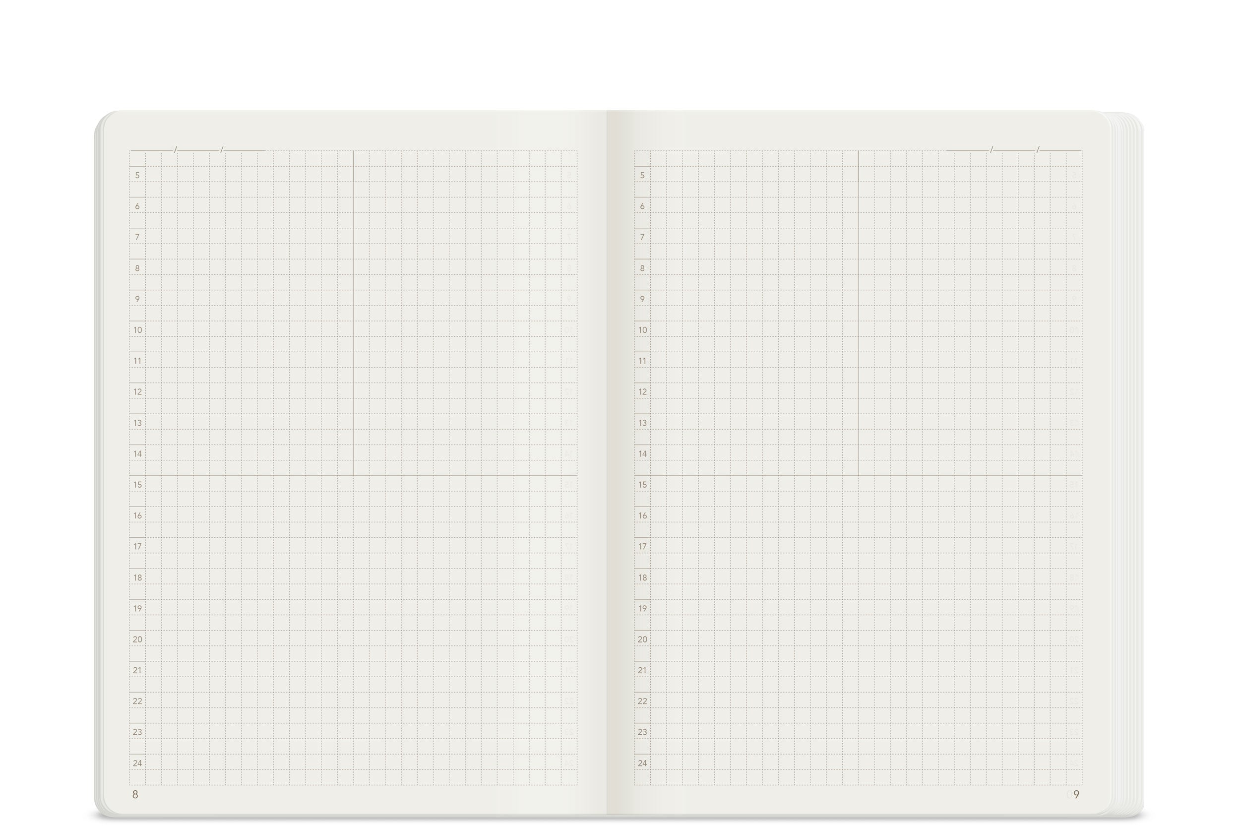Wonderland 222 B6 planner daily grid spread with structured hourly timeline and fine grid system on warm white, ultra thin, fountain pen friendly paper