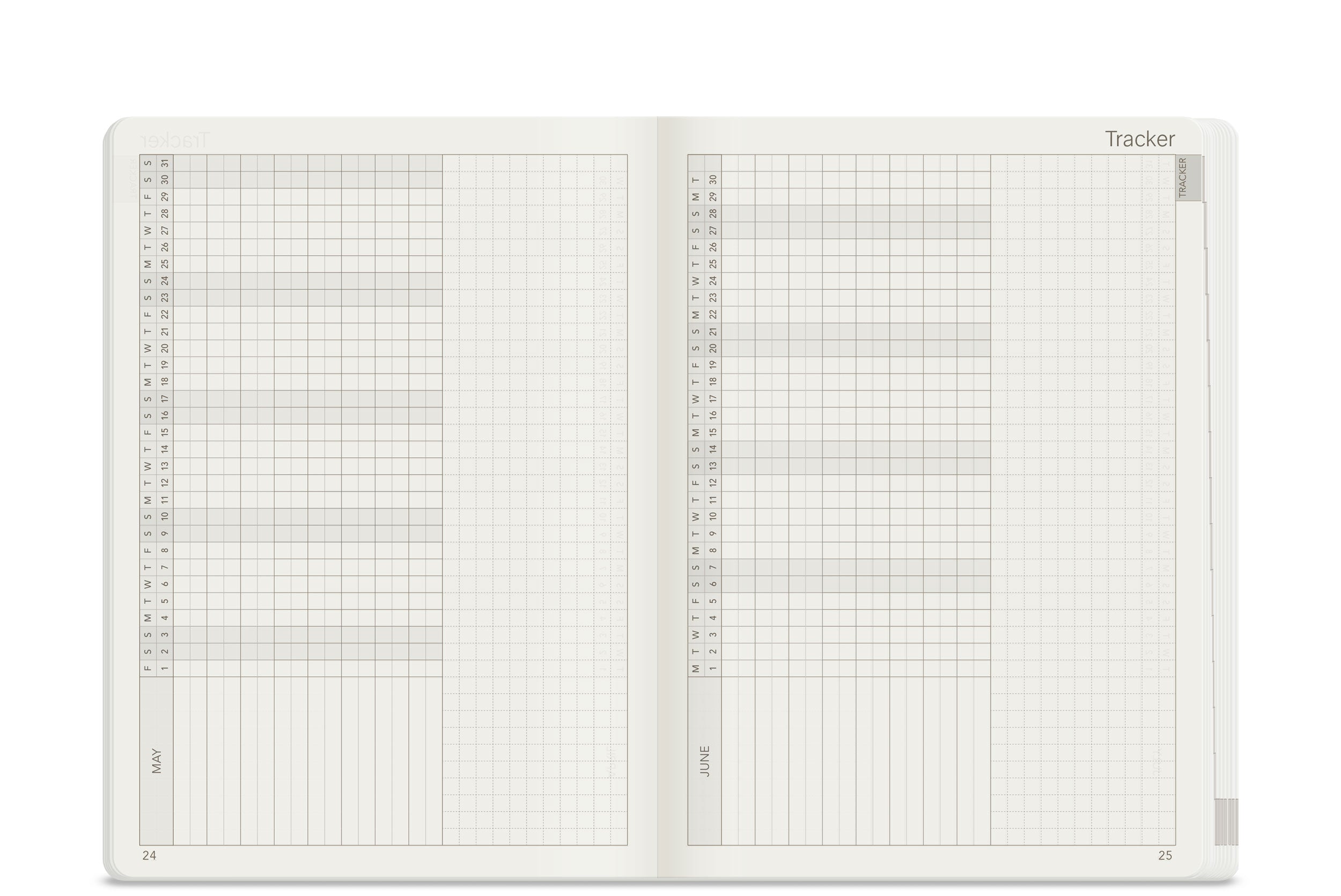 Wonderland 222 B6 2026 monthly habit tracker planner spread on white paper, minimalist grid layout, ultra thin lightweight fountain pen friendly paper