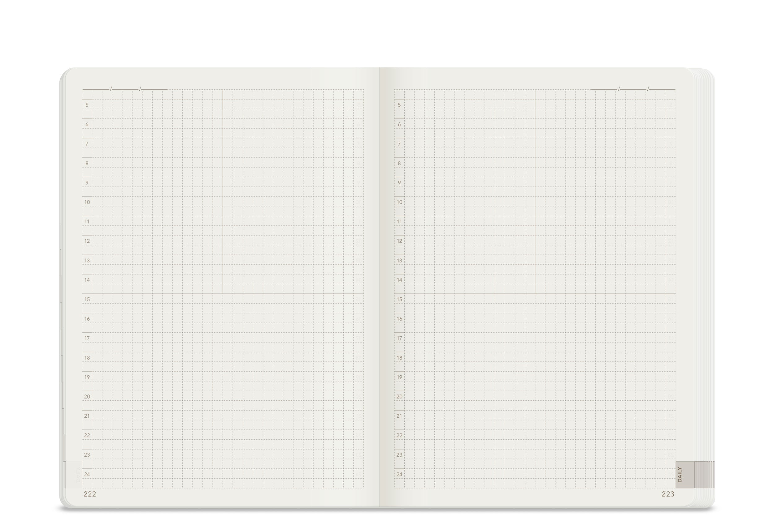 Wonderland 222 2026 B6 planner daily spread with dot grid layout on white paper, minimalist structured planning system, ultra thin lightweight pages, fountain pen friendly.