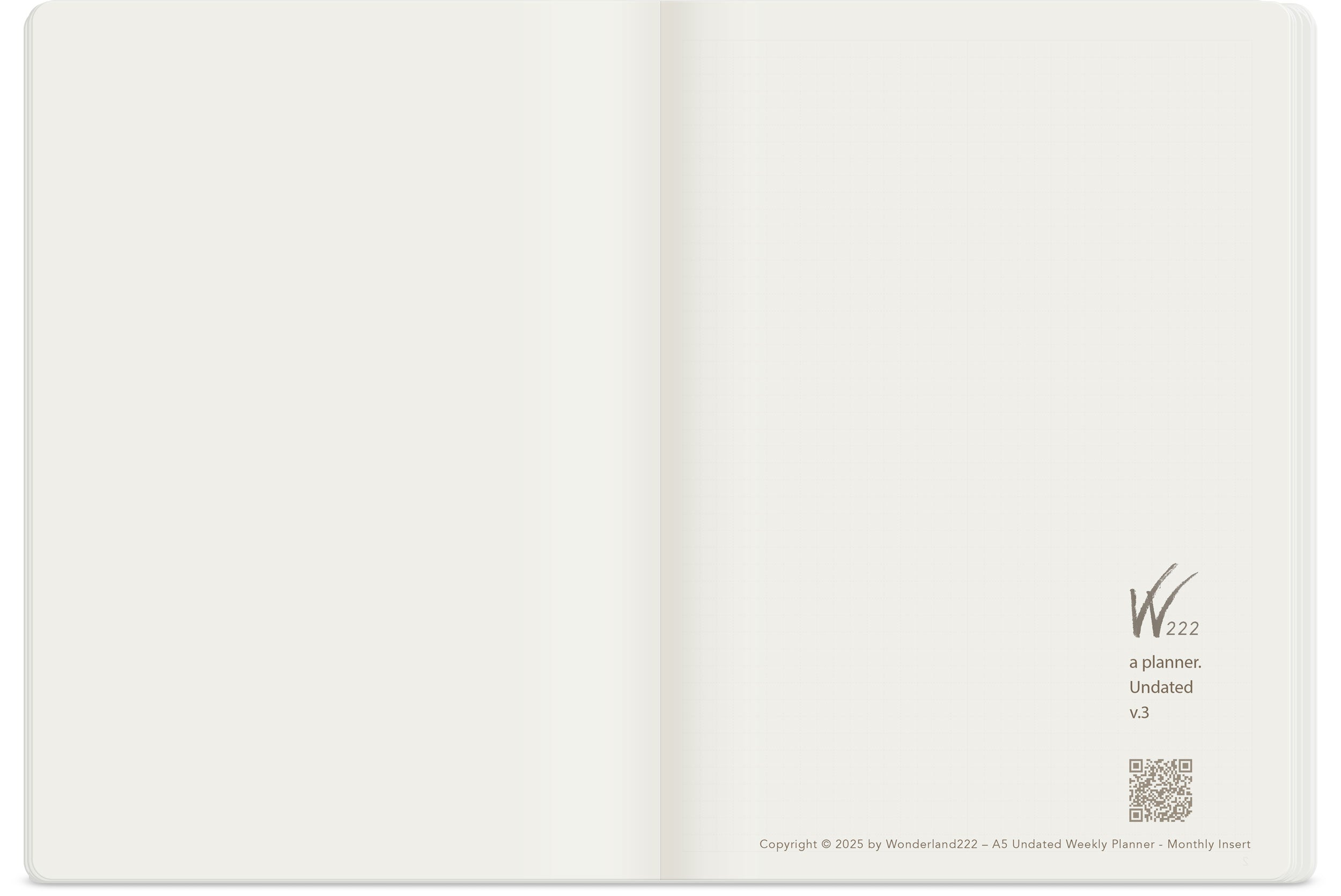 Wonderland 222 ultra thin, fountain pen friendly monthly insert booklet. Open booklet cover page 