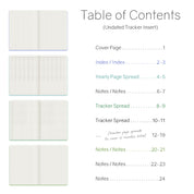Wonderland 222 undated tracker insert table of contents showing minimalist planner spreads, including index pages, yearly overview, monthly tracker spreads, and notes pages on warm white, ultra-thin, fountain pen friendly paper.
