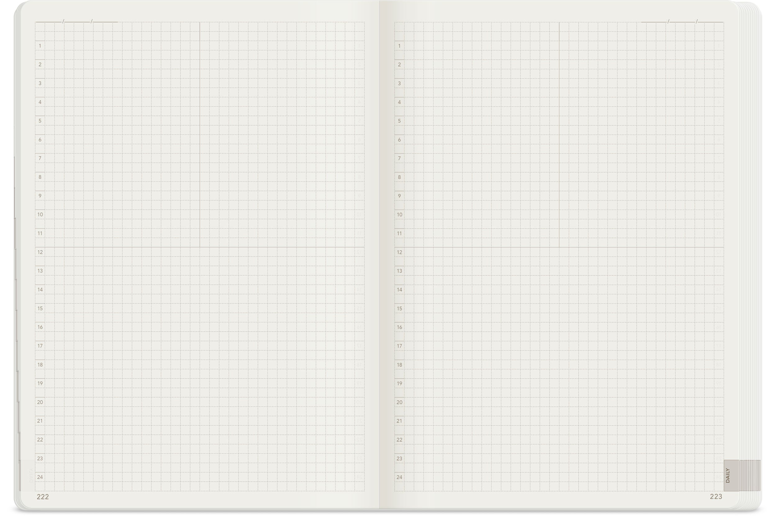 Wonderland 222 2026 A5 planner Daily pages featuring full-page dot grid layout on warm white paper, minimalist design with ample space for organization and fountain pen friendly writing.