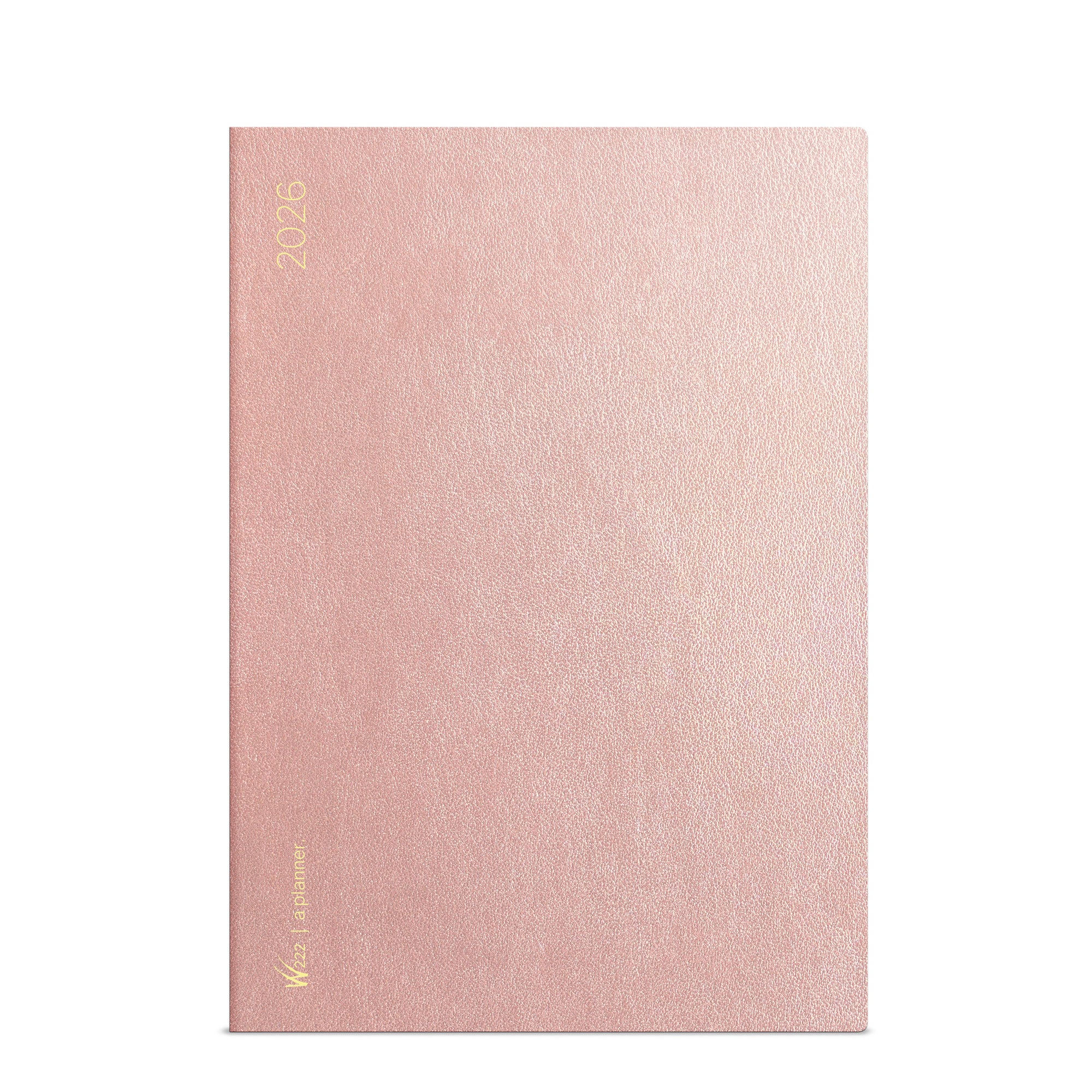 Wonderland 222 2026 A5 weekly planner cover in Alpen Glow pink with gold foil “2026” and minimalist textured cover.
