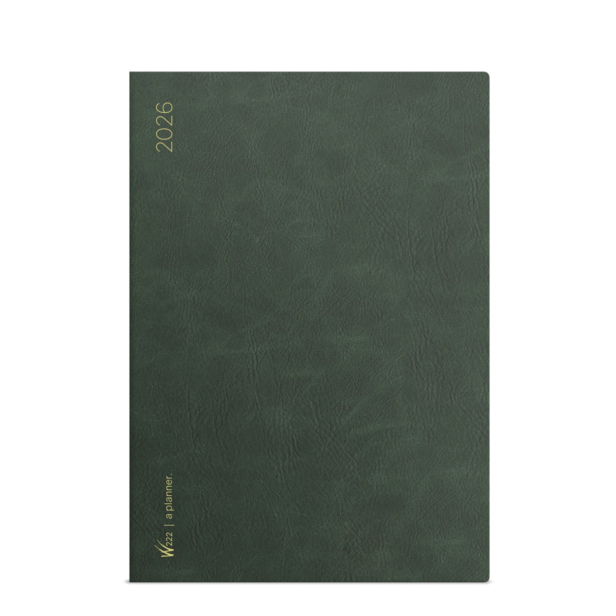 Wonderland 222 2026 A5 weekly planner cover in North Slope green with gold foil “2026” and minimalist textured cover.