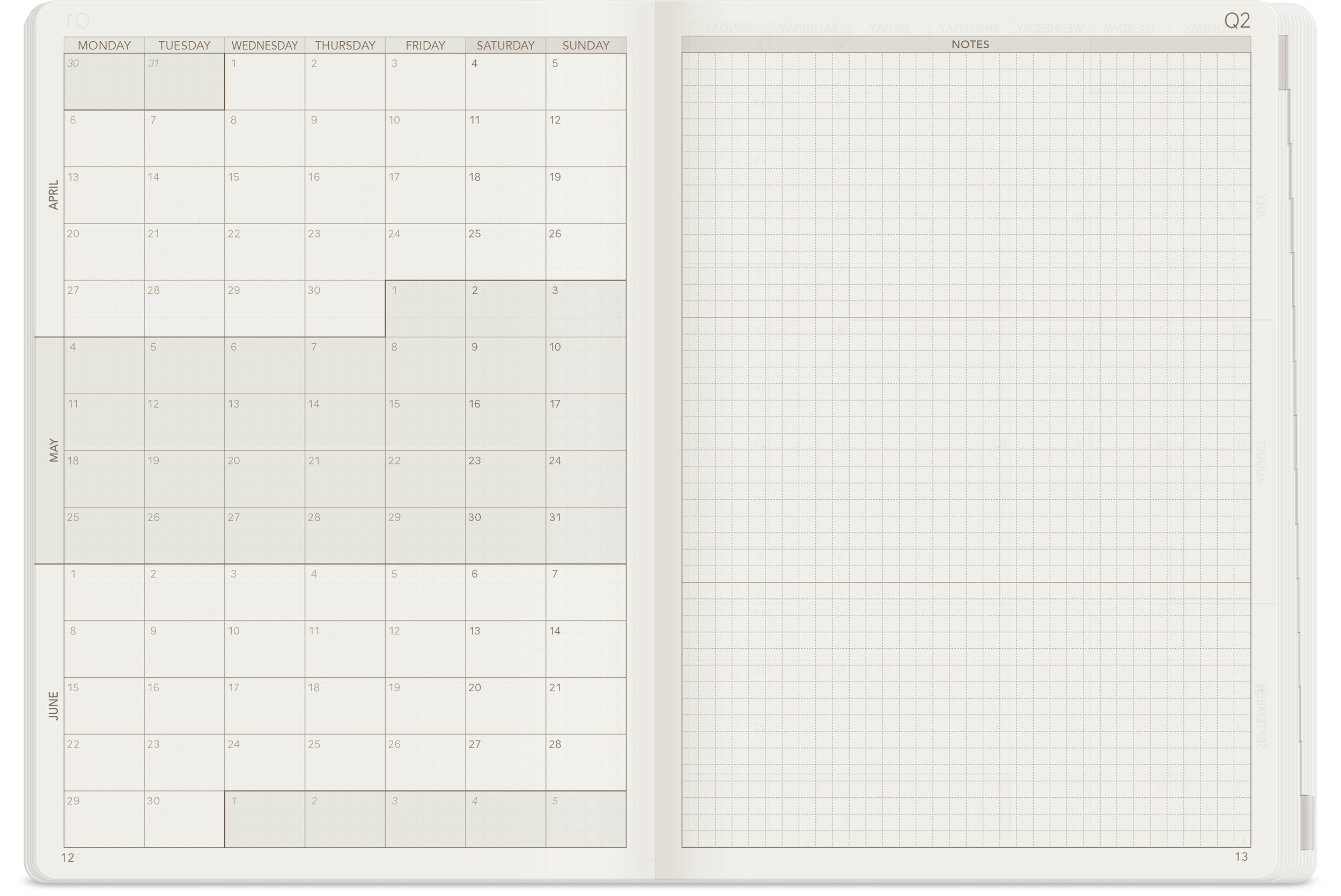 Wonderland 222 2026 A5 planner Q2 quarterly spread featuring three month calendar overview for April through June and full page dot grid notes section on white fountain pen friendly paper