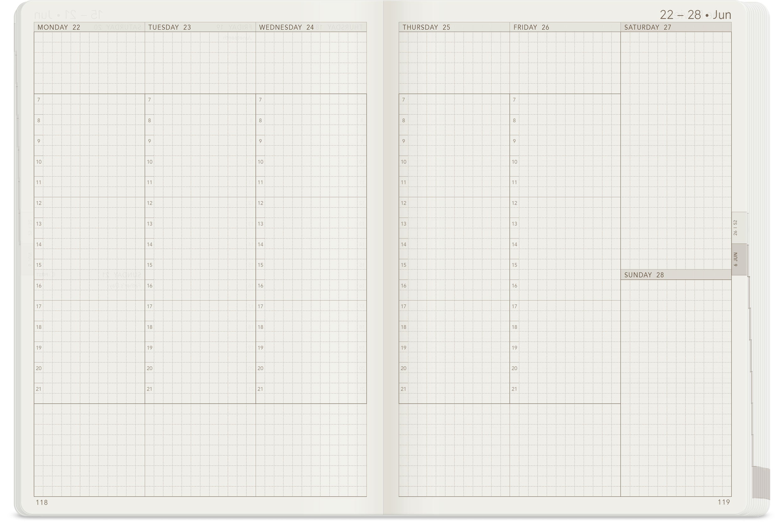 Wonderland 222 2026 A5 Weekly stacked planner spread with vertical daily columns, hourly schedule 7 to 21, top priorities section, mini calendar, and minimalist grid layout on white fountain pen friendly paper