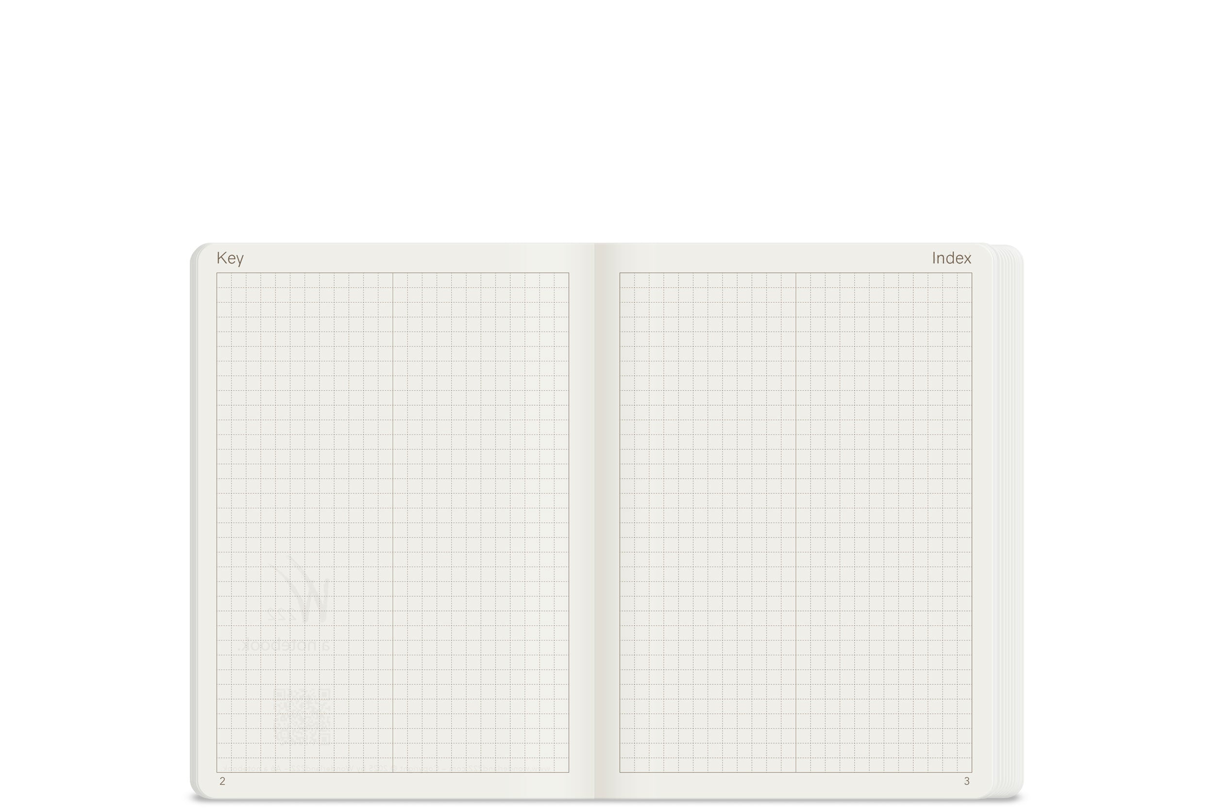 Wonderland 222 2026 A5 grid notebook with wonderland 222 ultra light weight fountain pen friendly paper open to the key and index 