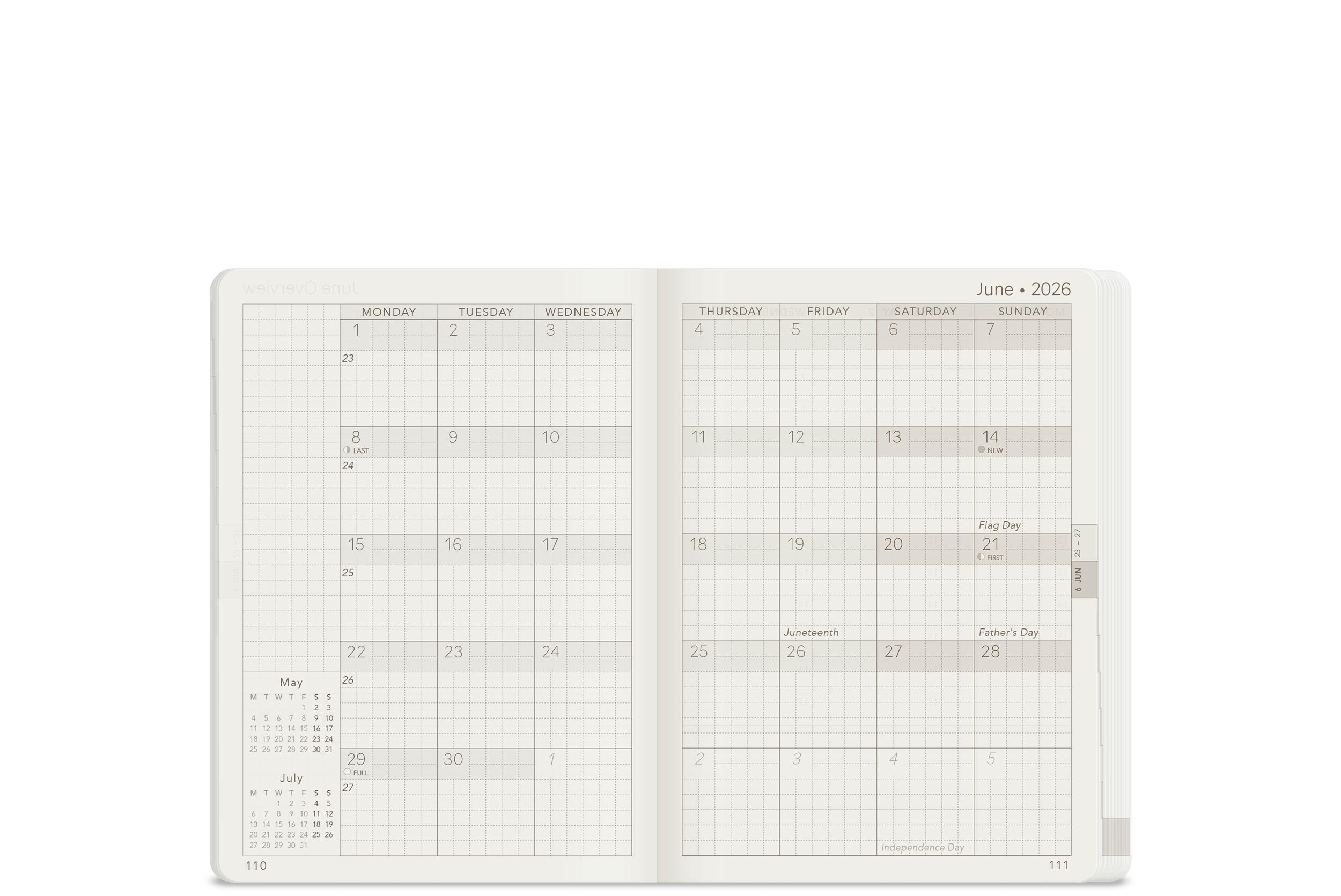 Wonderland 222 A6 2026 monthly planner layout showing June 2026 in a five week grid format with Monday start, subtle dot grid structure, and clean minimalist design on white paper