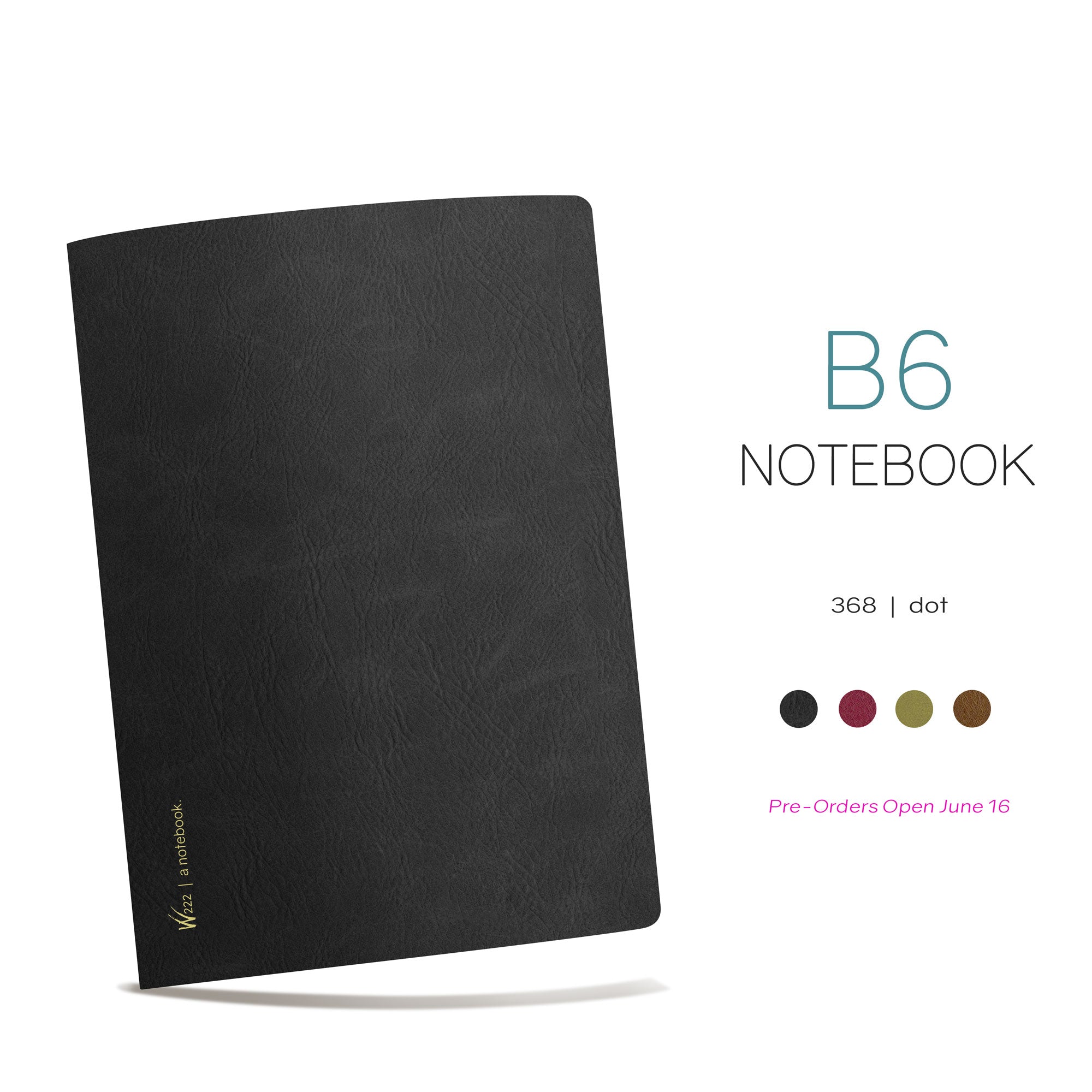 Wonderland 222 B6 dot grid notebook with black softcover shown, available in multiple colors, 368 pages, minimalist and lightweight design for journaling and planning.